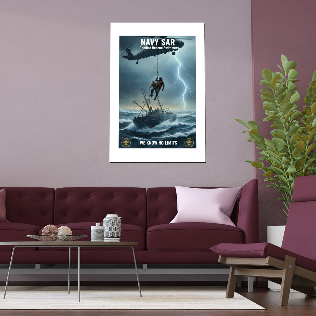 Rescue at Sea Silk Poster — Storm Helicopter Lifesaver Wall Art (Indoor/Outdoor)