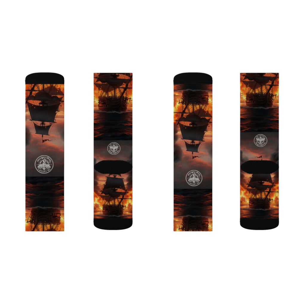Pirate Ship Sunset Socks — Nautical Sailing Crew Socks with Dramatic Sunset Ship Silhouette