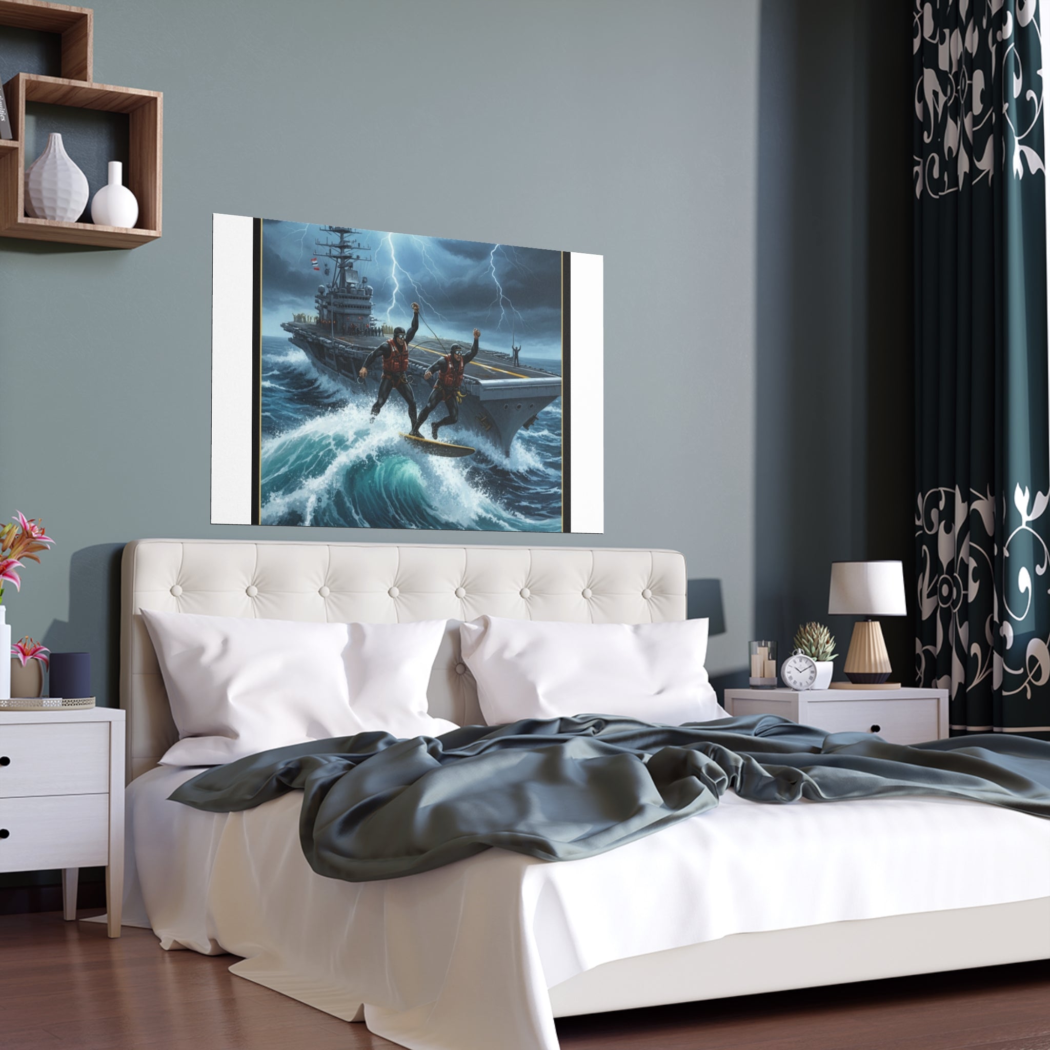 Navy Storm Surfing Silk Poster — Military Aircraft Carrier Art Print (Indoor/Outdoor)