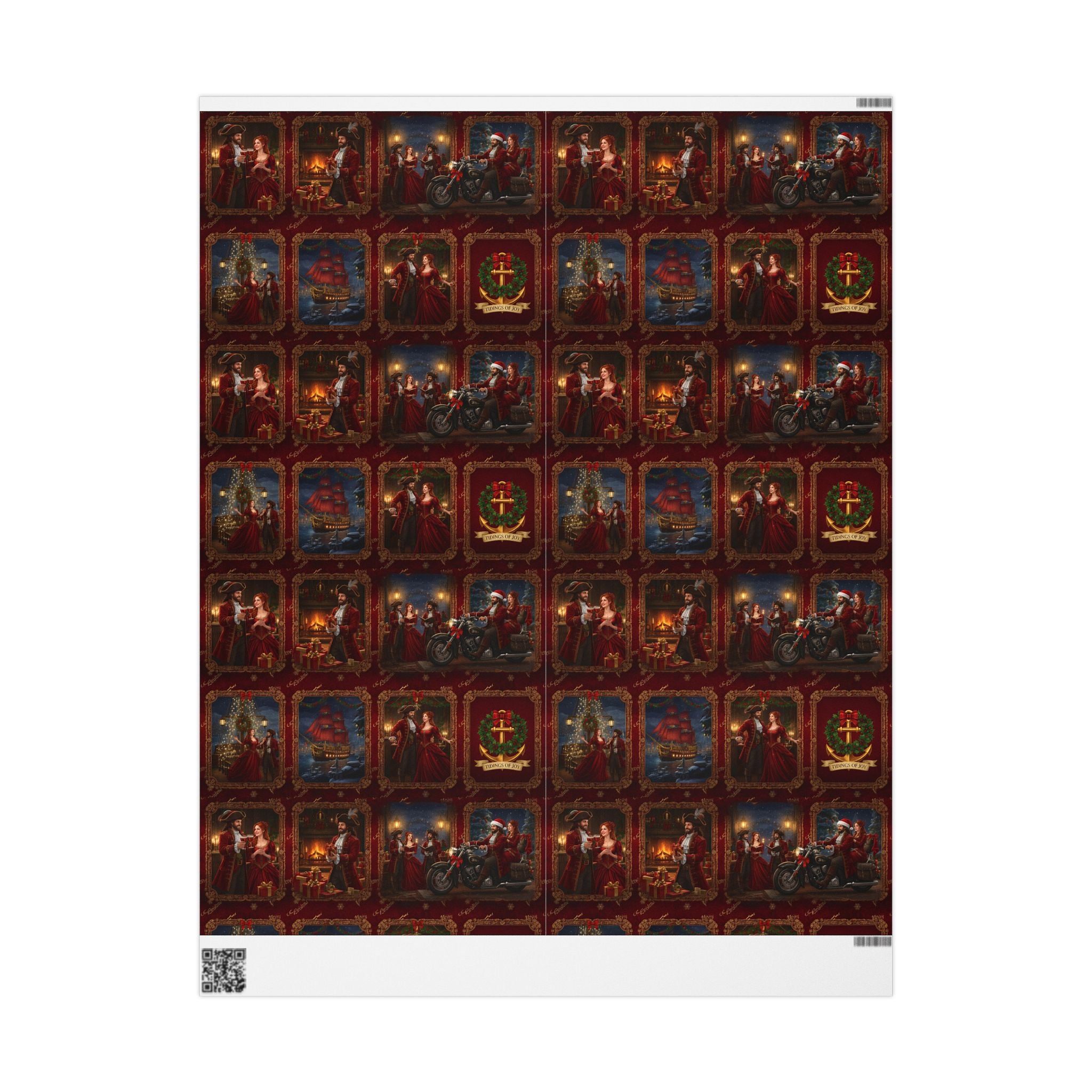 Wrapping Paper Roll — Vintage Holiday Sleigh & Ornament Pattern (Red & Gold)