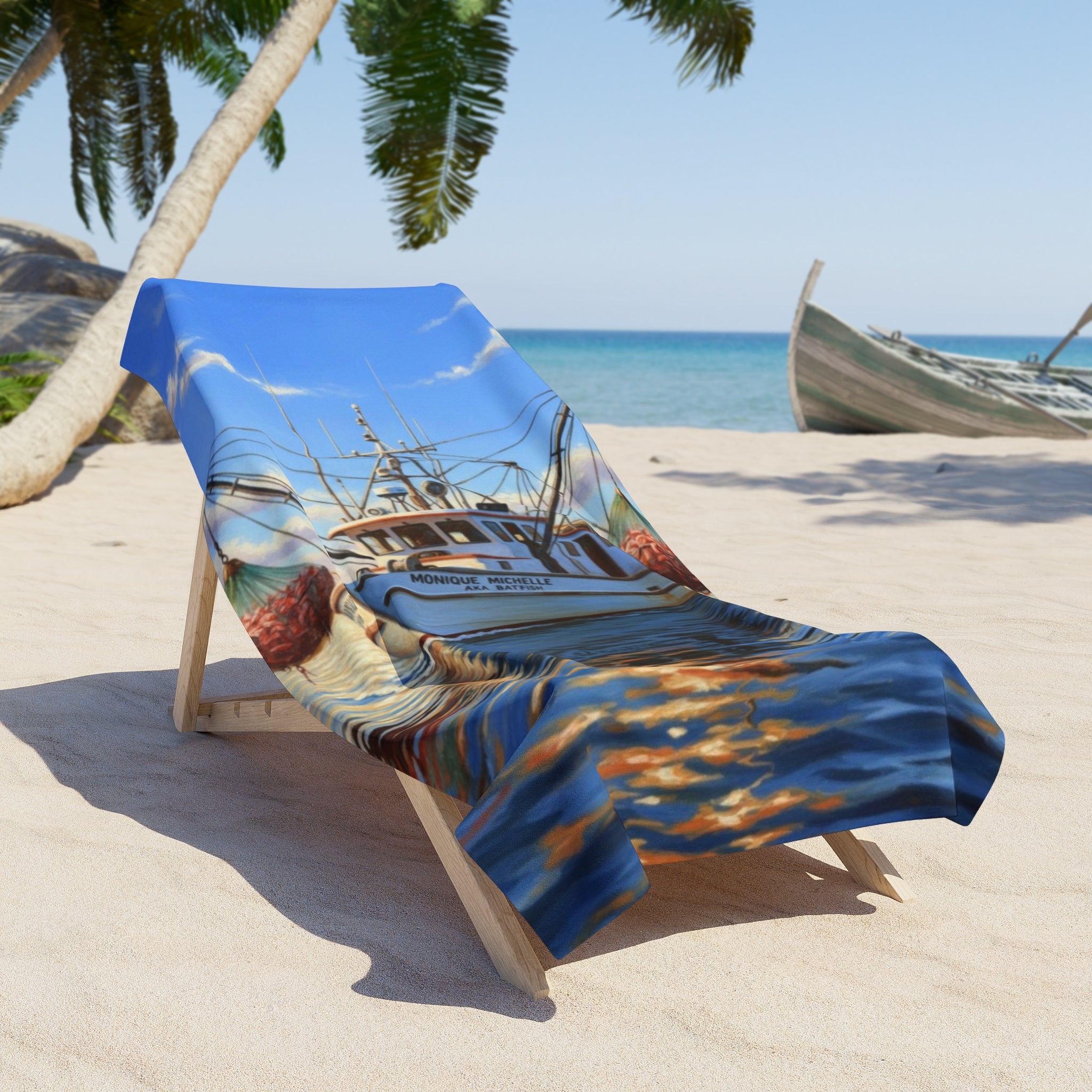 Boat Scene Beach Towel — Nautical Fishing Boat Sunset Design