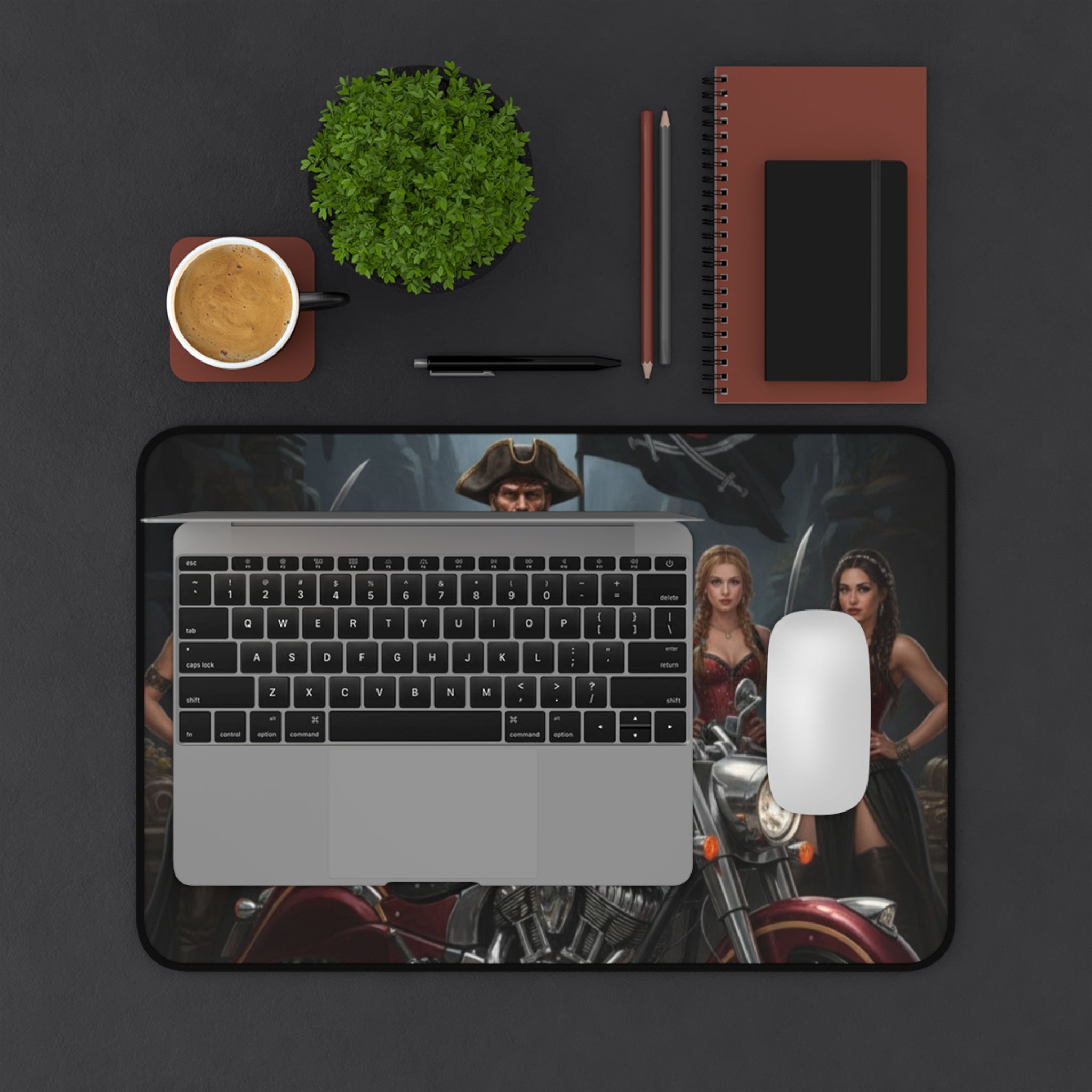 Pirate Biker Desk Mat — Captain with Motorcycle & Sirens Gaming Mousepad