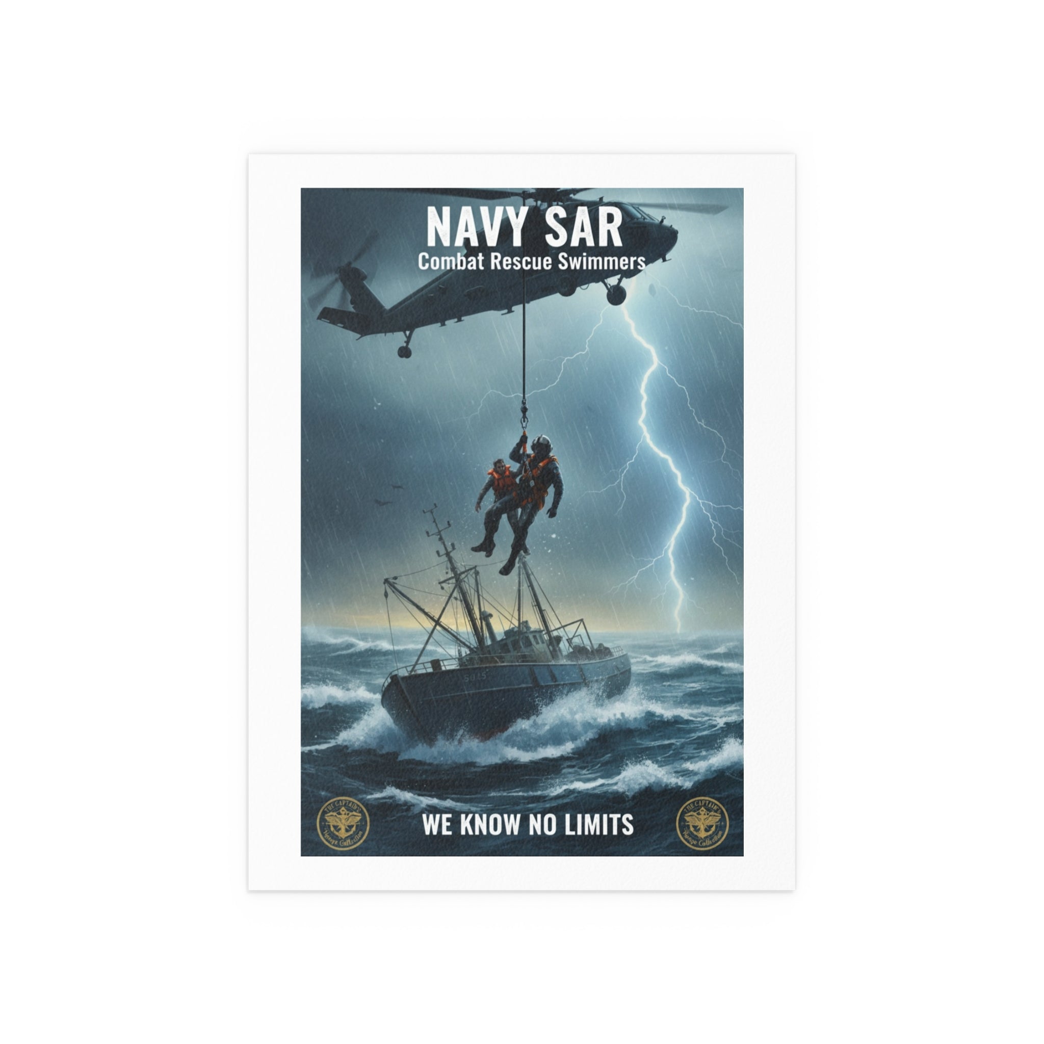 Rescue at Sea Silk Poster — Storm Helicopter Lifesaver Wall Art (Indoor/Outdoor)