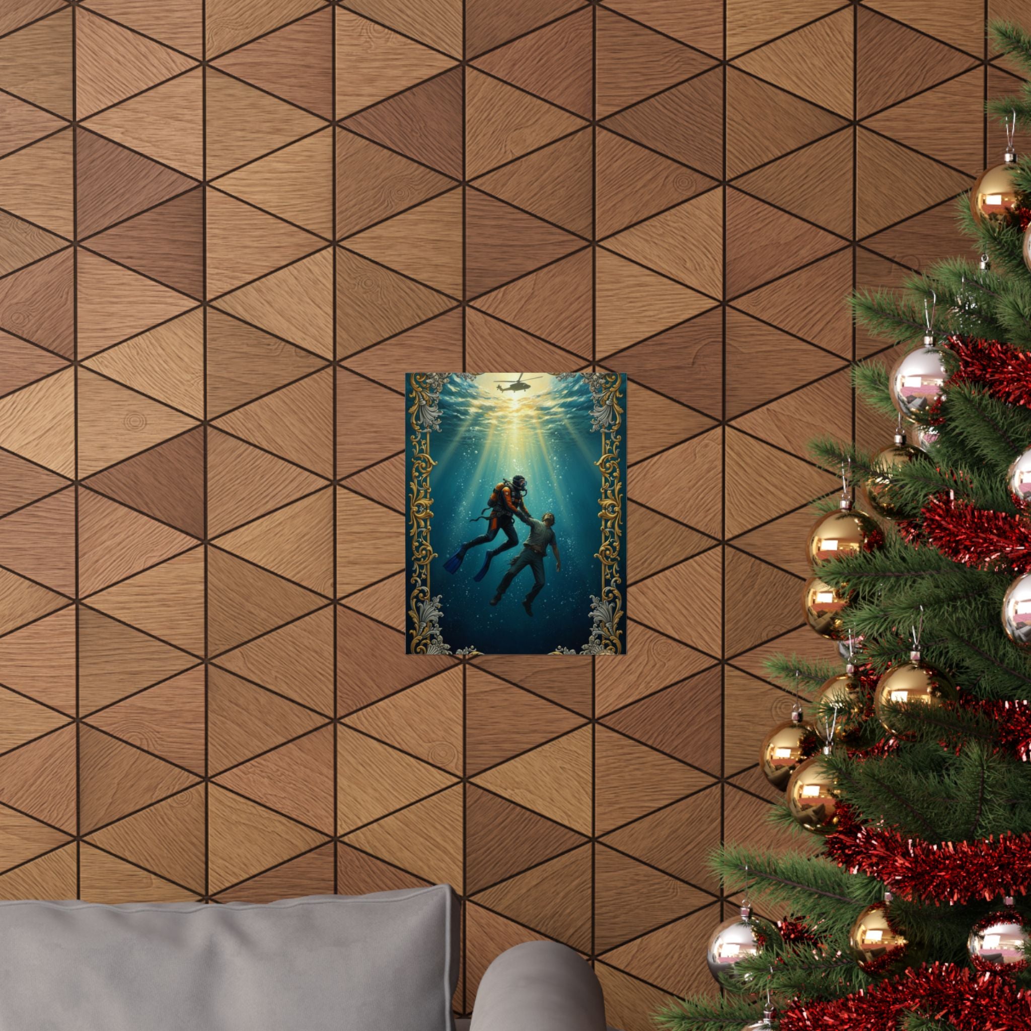 Underwater Rescue Poster — Diver & Child Matte Vertical Art Print
