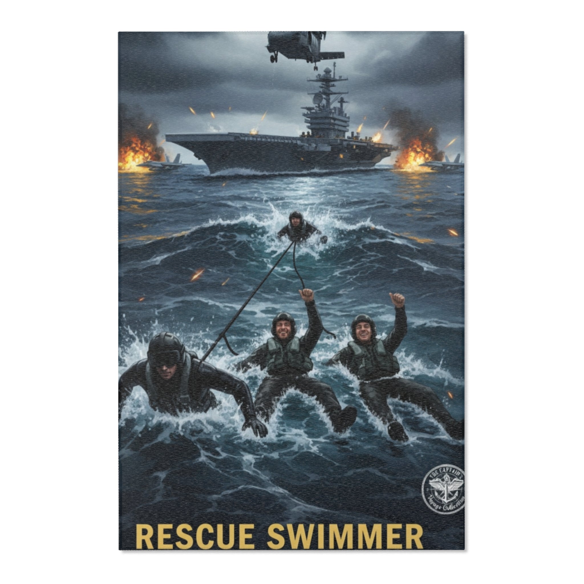 Rescue Swimmer Area Rug — Military Navy Helicopter & Ship Ocean Scene