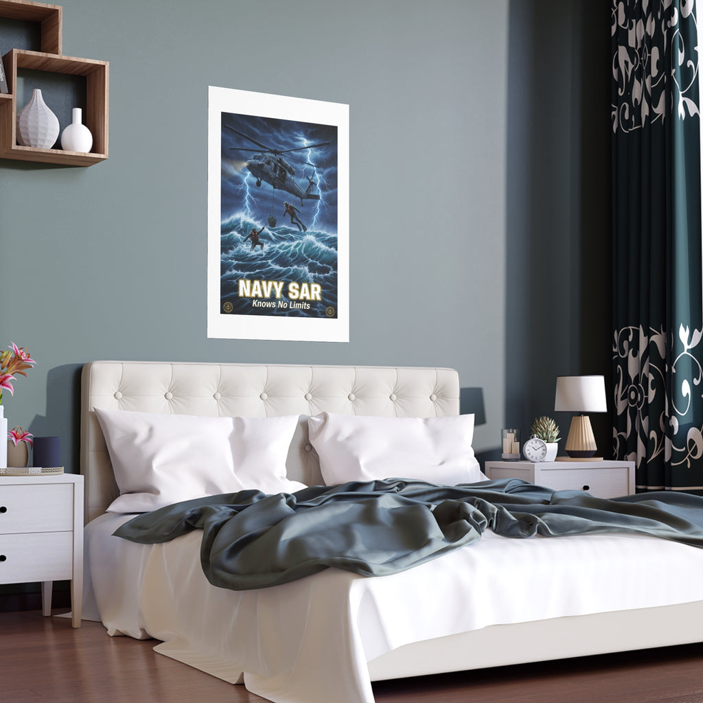Navy SAR Silk Poster — "Knows No Limits" Rescue Helicopter Art (Indoor/Outdoor)