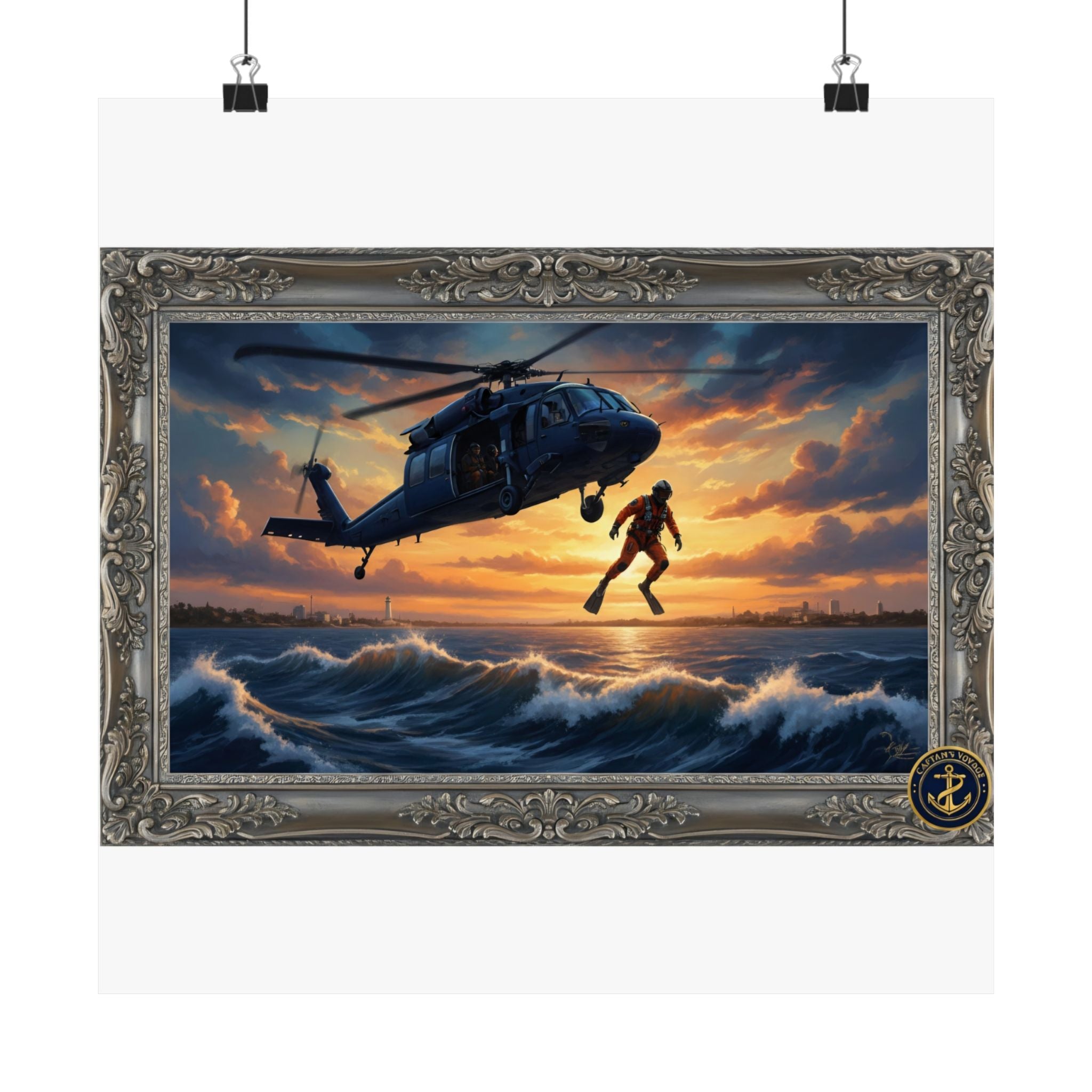 Rescue Helicopter Sunset Poster — Matte Vertical Aviation Wall Art
