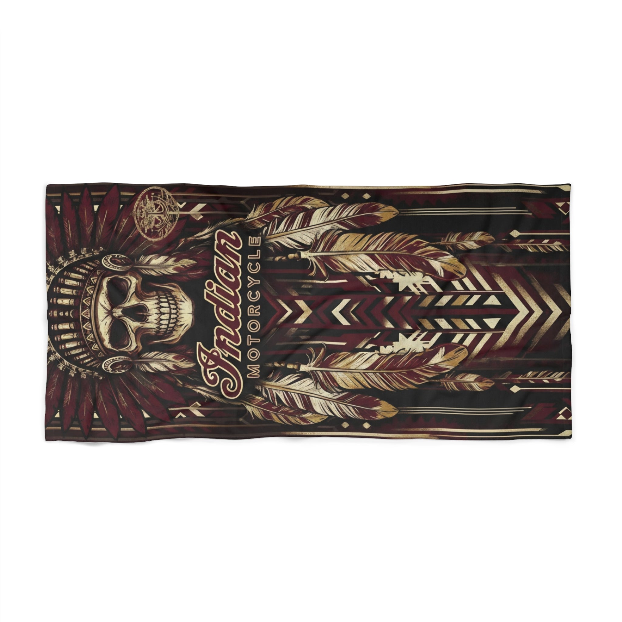 Indian Motorcycle Skull & Feather Beach Towel — Vintage Biker Tribal Design