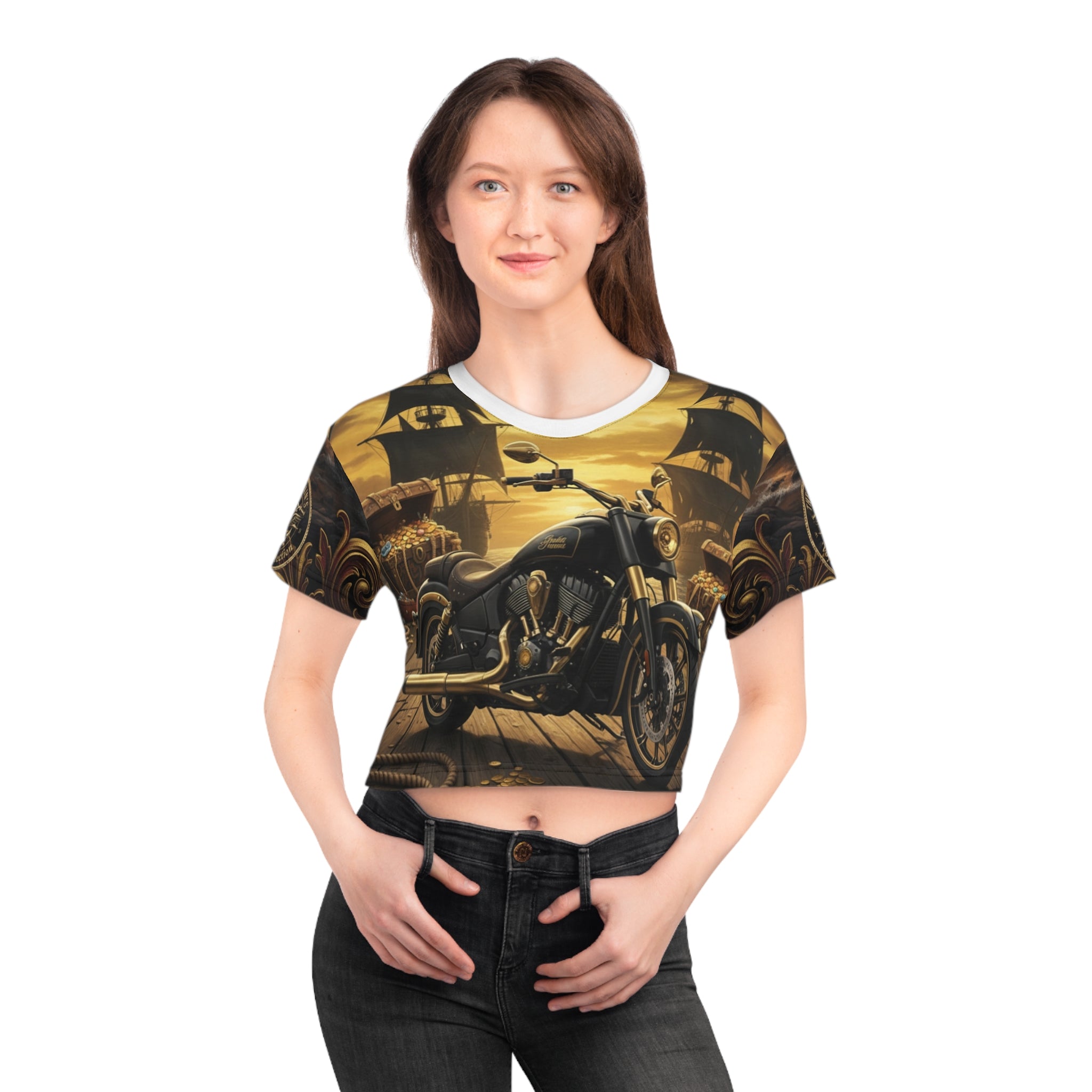 Motorcycle Pirate Ship Crop Tee — Vintage Biker Nautical Graphic Top