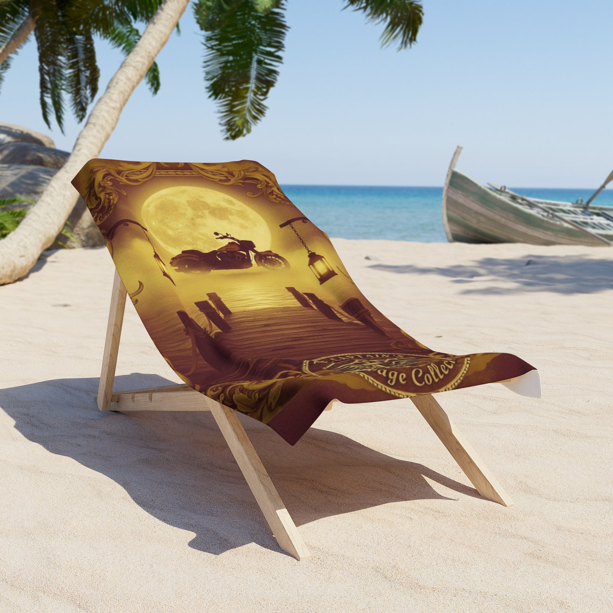 Vintage Moonlit Pier Beach Towel – Surfing Skeleton Nautical Design