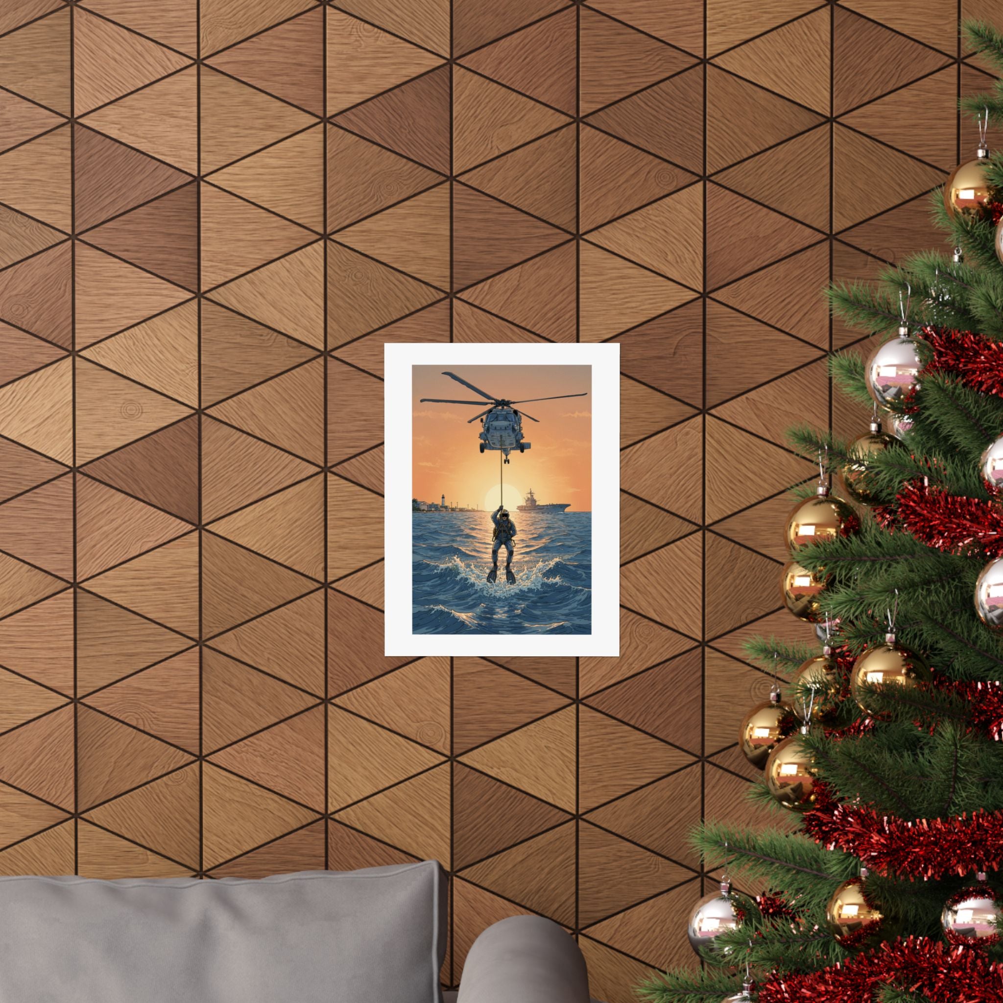 Matte Poster — Navy Rescue Helicopter at Sunset (Vertical)