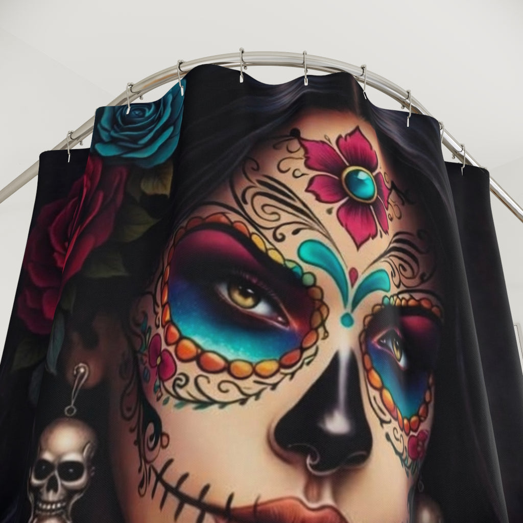 Day of the Dead Sugar Skull Shower Curtain – Floral Catrina Bathroom Decor