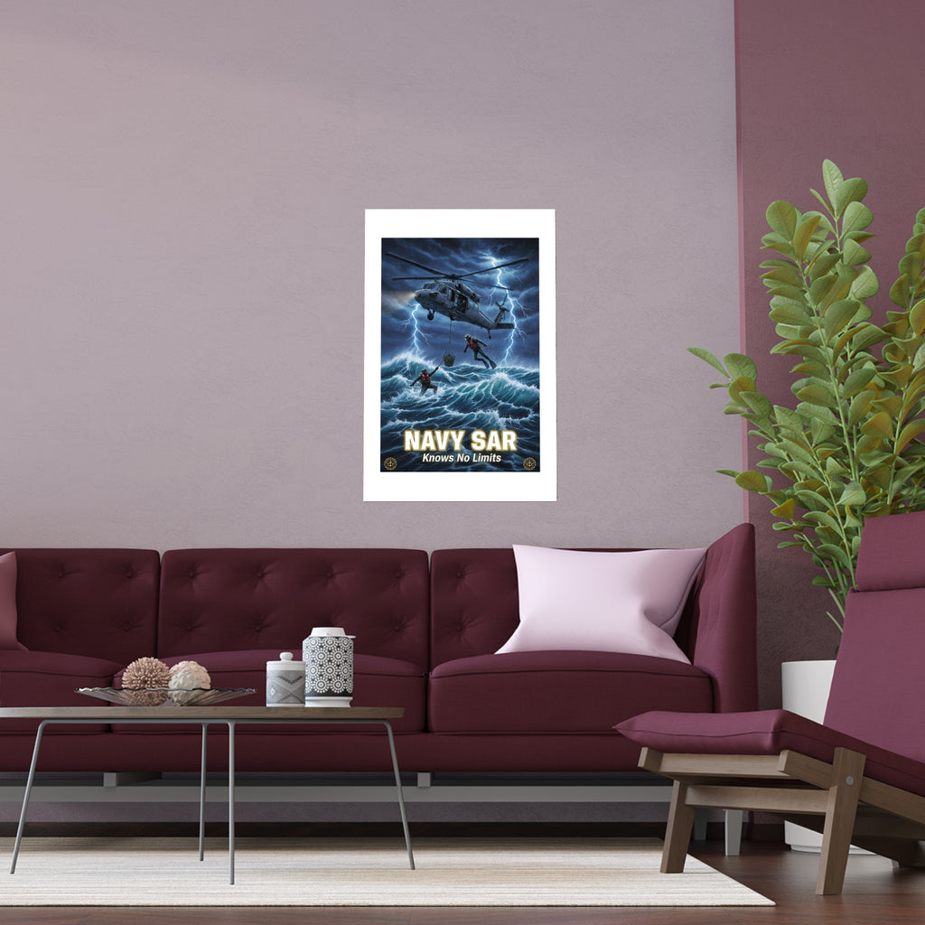 Navy SAR Silk Poster — "Knows No Limits" Rescue Helicopter Art (Indoor/Outdoor)