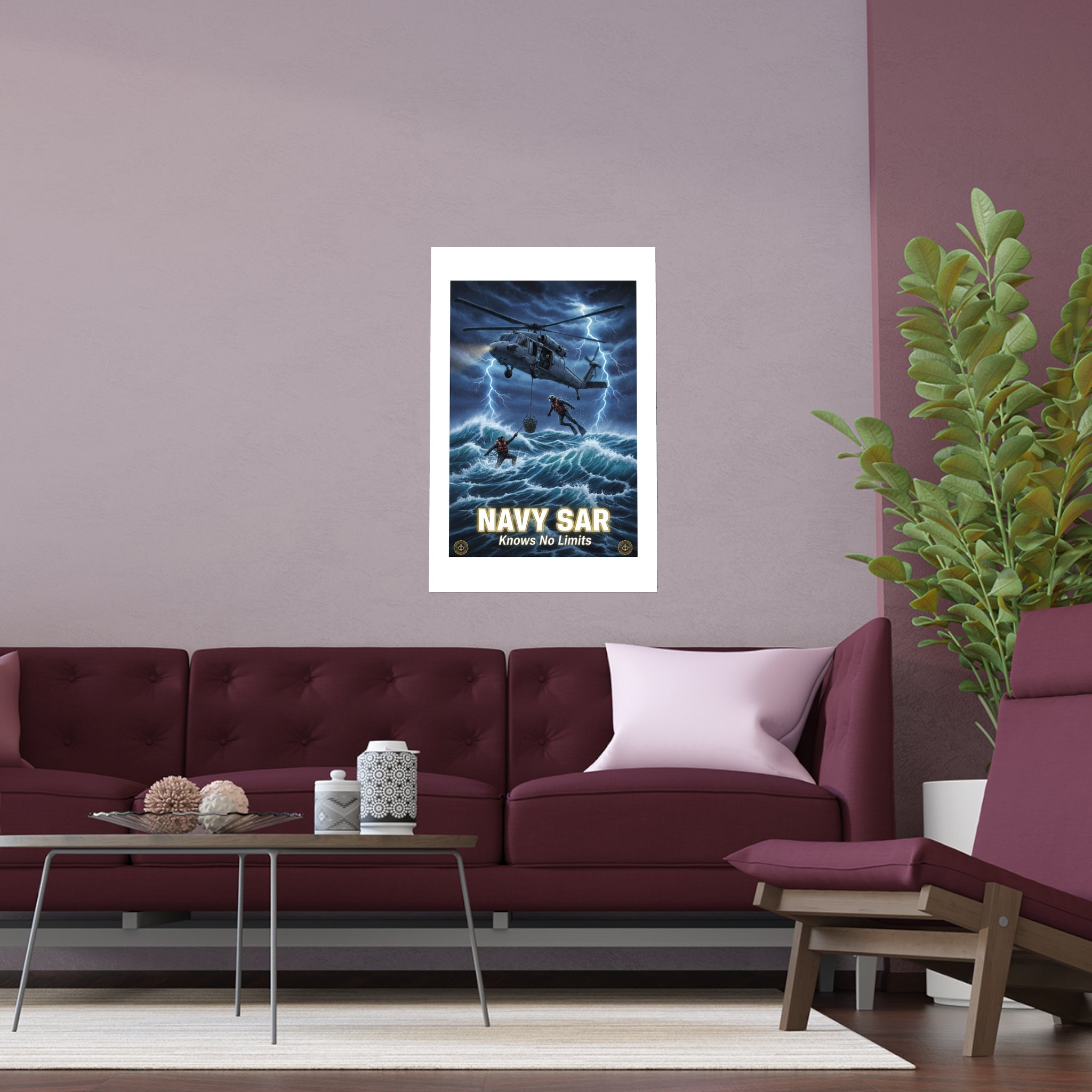 Navy SAR Silk Poster — "Knows No Limits" Rescue Helicopter Art (Indoor/Outdoor)
