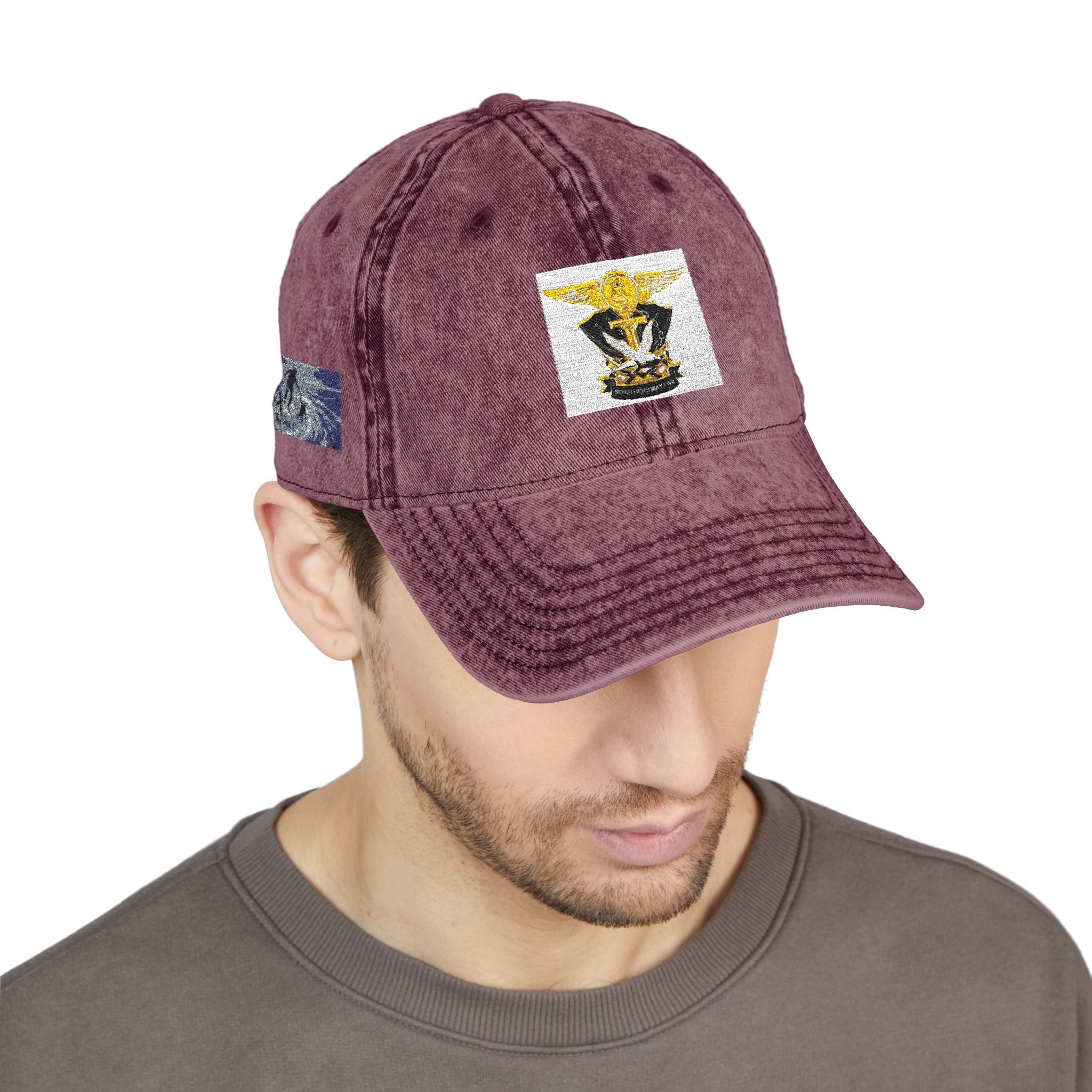 Vintage Embroidered Cap with Tiger Patch — Distressed Red Baseball Hat