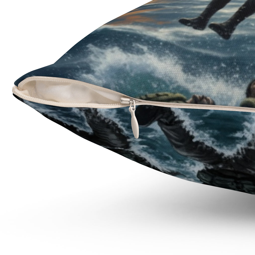 Military Rescue Scene Decorative Square Pillow — Navy Combat Helicopter & Ship Illustration