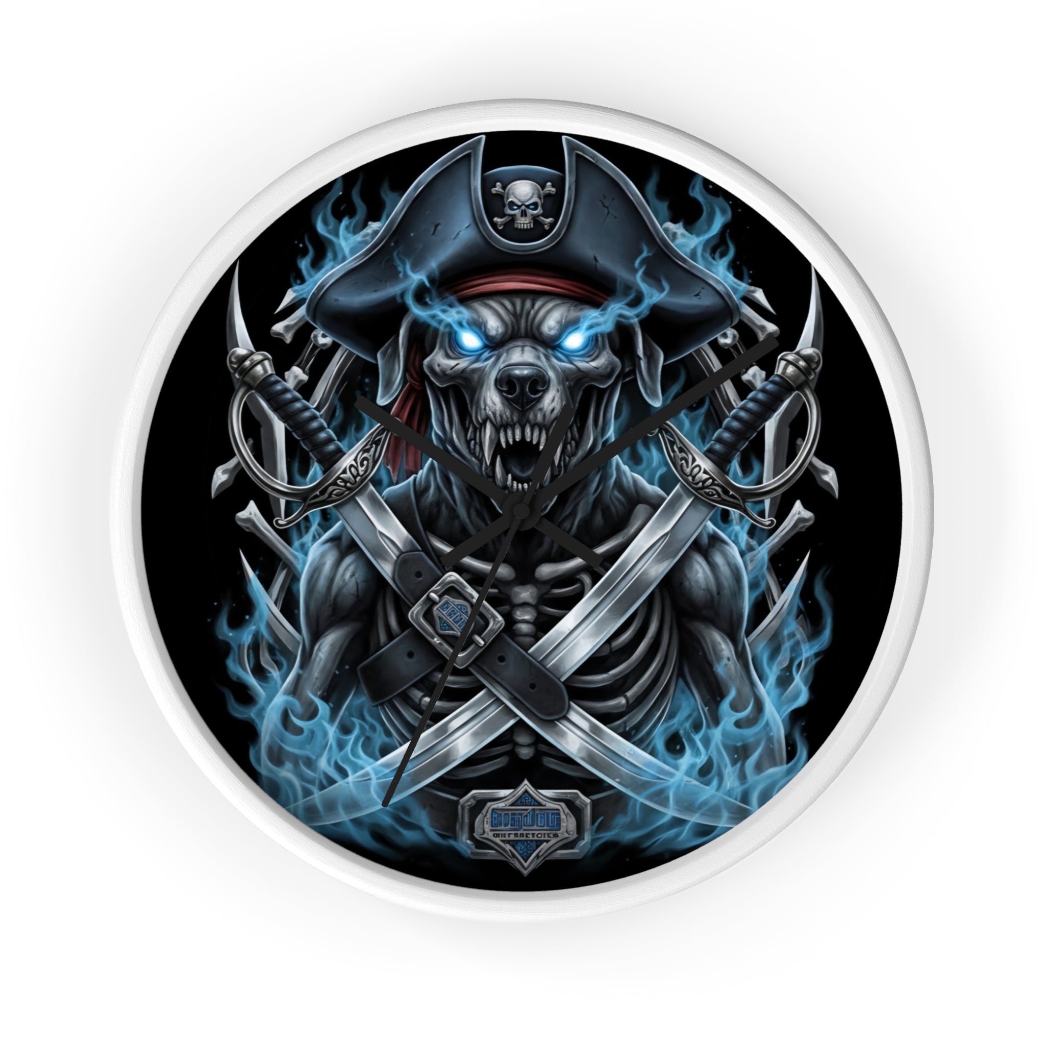 Pirate Skeleton Wall Clock — Blue Flame Skull Nautical Decor