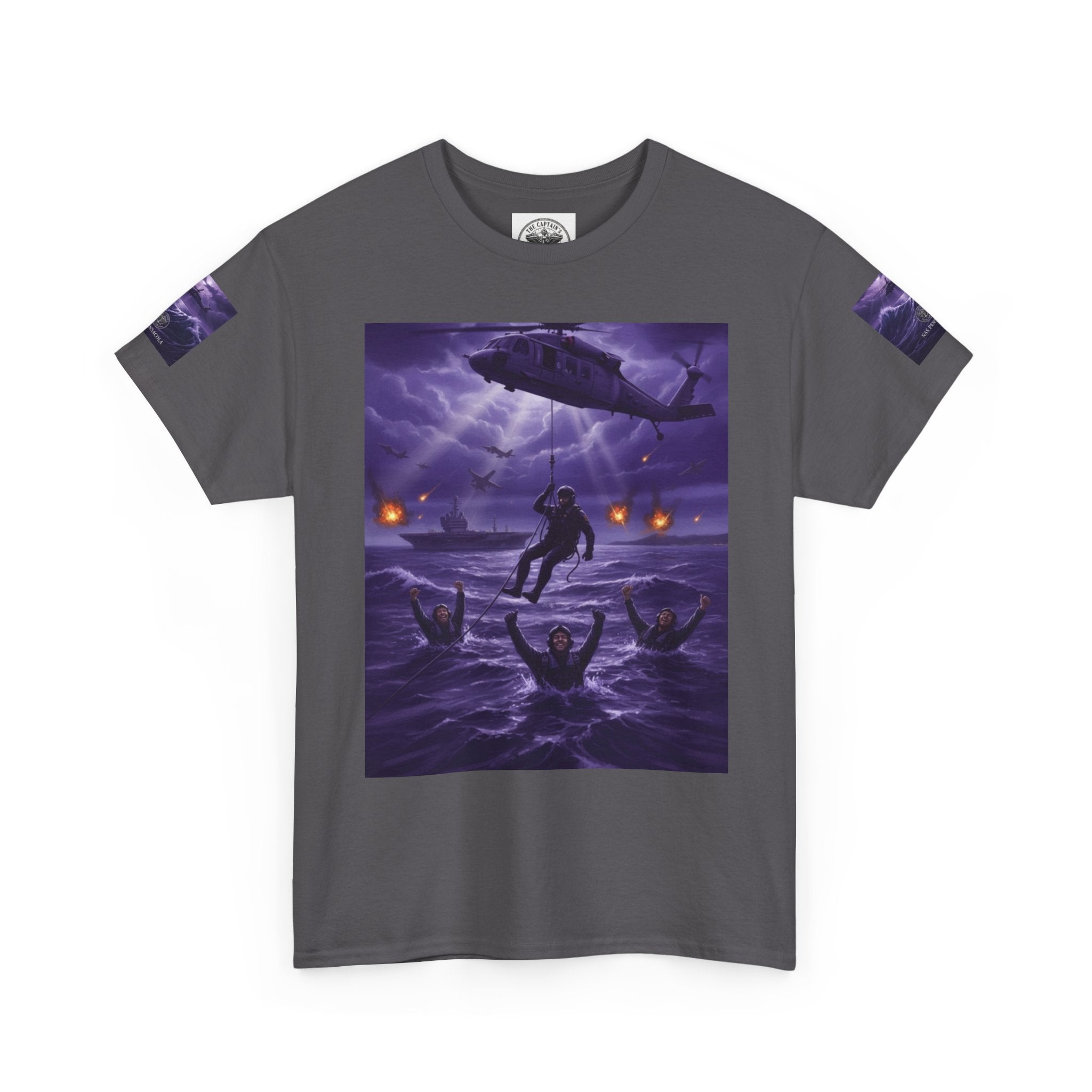 Rescue Night Tee — Purple Helicopter Sea Rescue Graphic T-Shirt