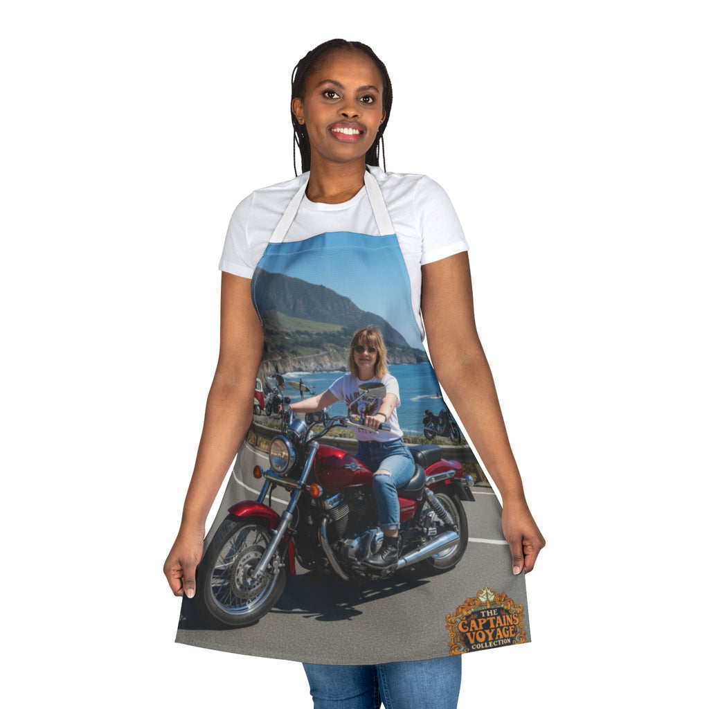 Custom Motorcycle Photo Apron — Personalized Biker Cook Apron with Scenic Ride Print