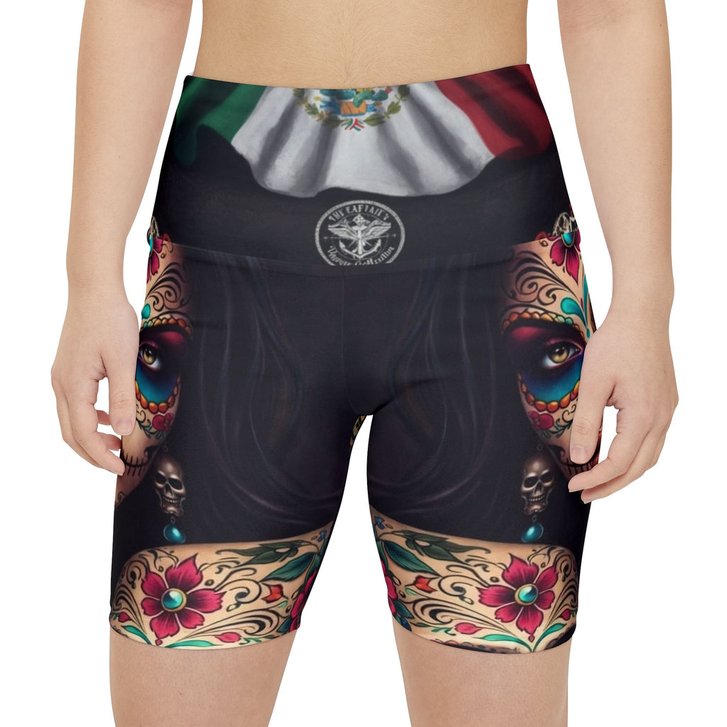 Day of the Dead Women’s Workout Shorts — Sugar Skull Mexican Flag AOP