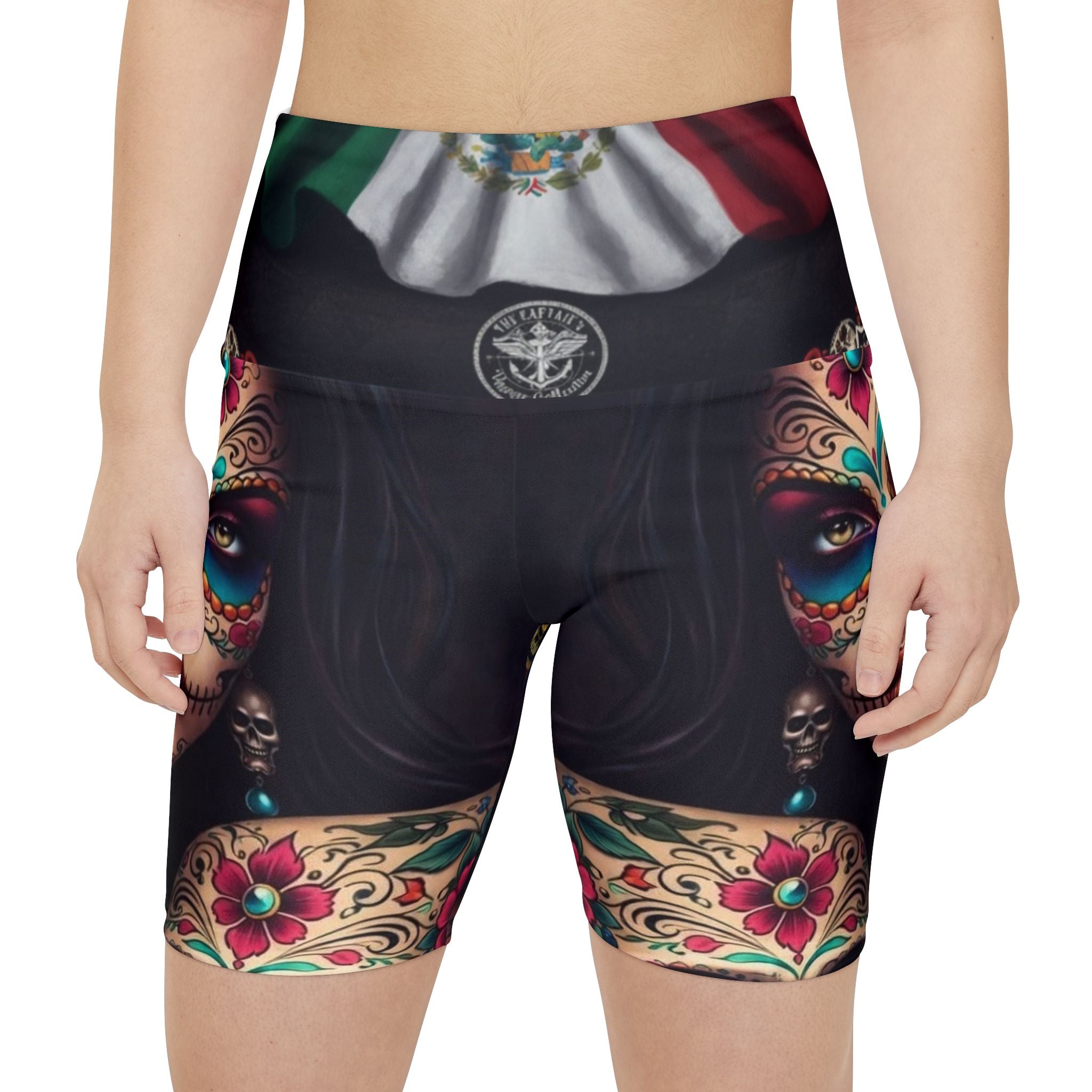 Day of the Dead Women’s Workout Shorts — Sugar Skull Mexican Flag AOP