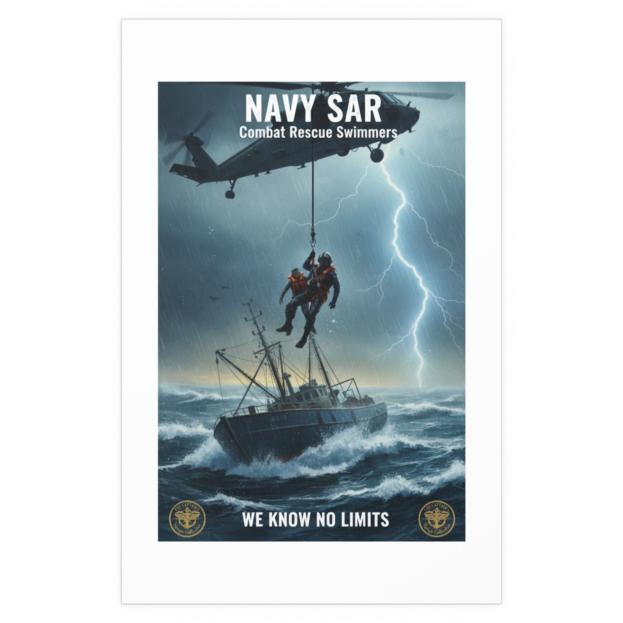 Rescue at Sea Silk Poster — Storm Helicopter Lifesaver Wall Art (Indoor/Outdoor)