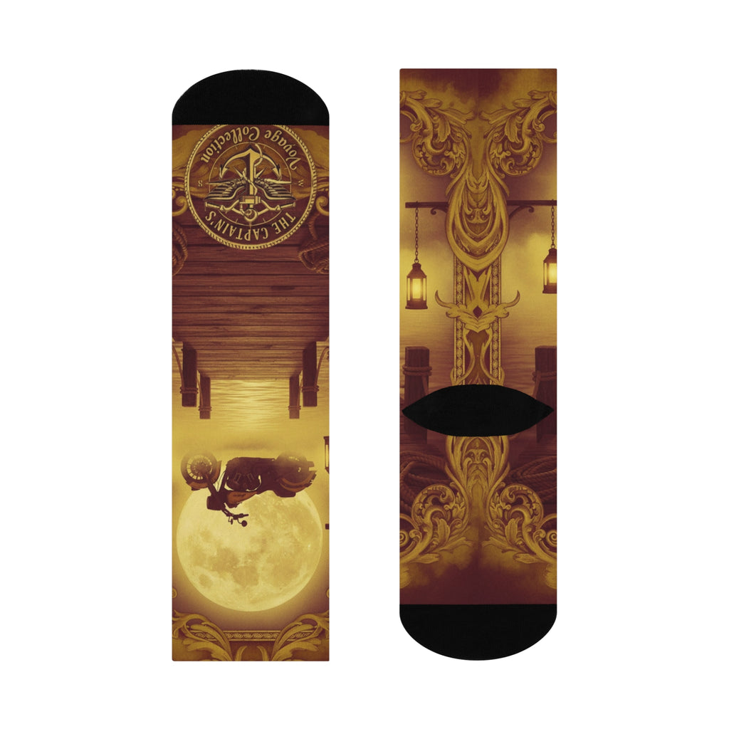Moonlit Pier Crew Socks — Vintage Motorcycle Night Ride Design
