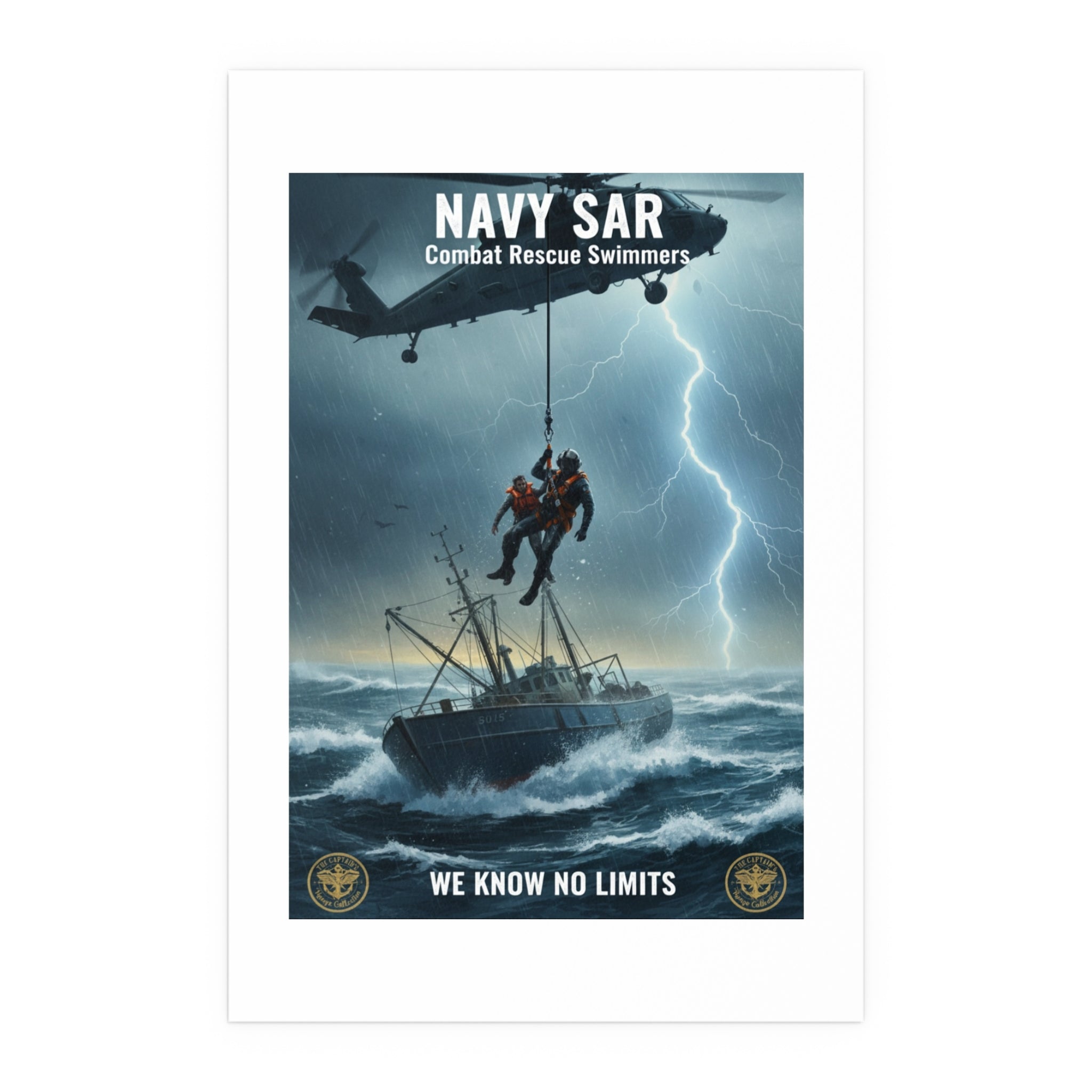 Rescue at Sea Silk Poster — Storm Helicopter Lifesaver Wall Art (Indoor/Outdoor)