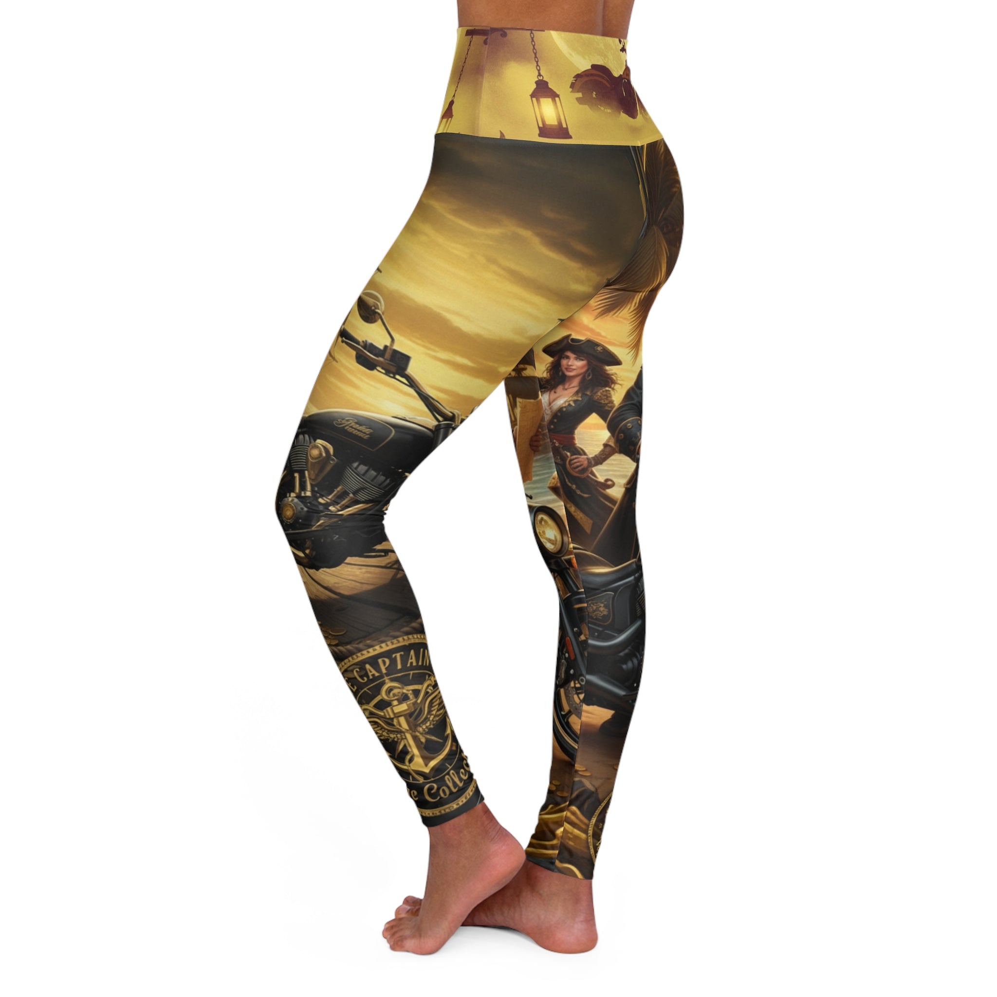 High-Waisted Yoga Leggings — Vintage Pirate & Motorcycle Sunset Print