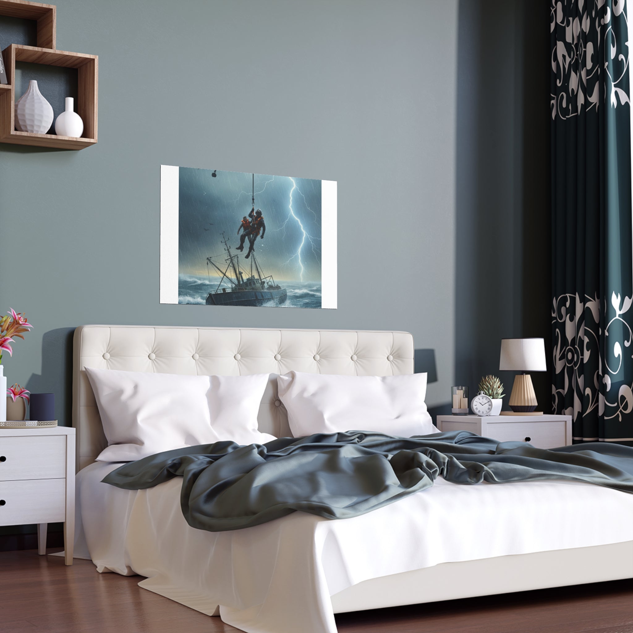 Rescue at Sea Silk Poster — Storm Helicopter Lifesaver Wall Art (Indoor/Outdoor)