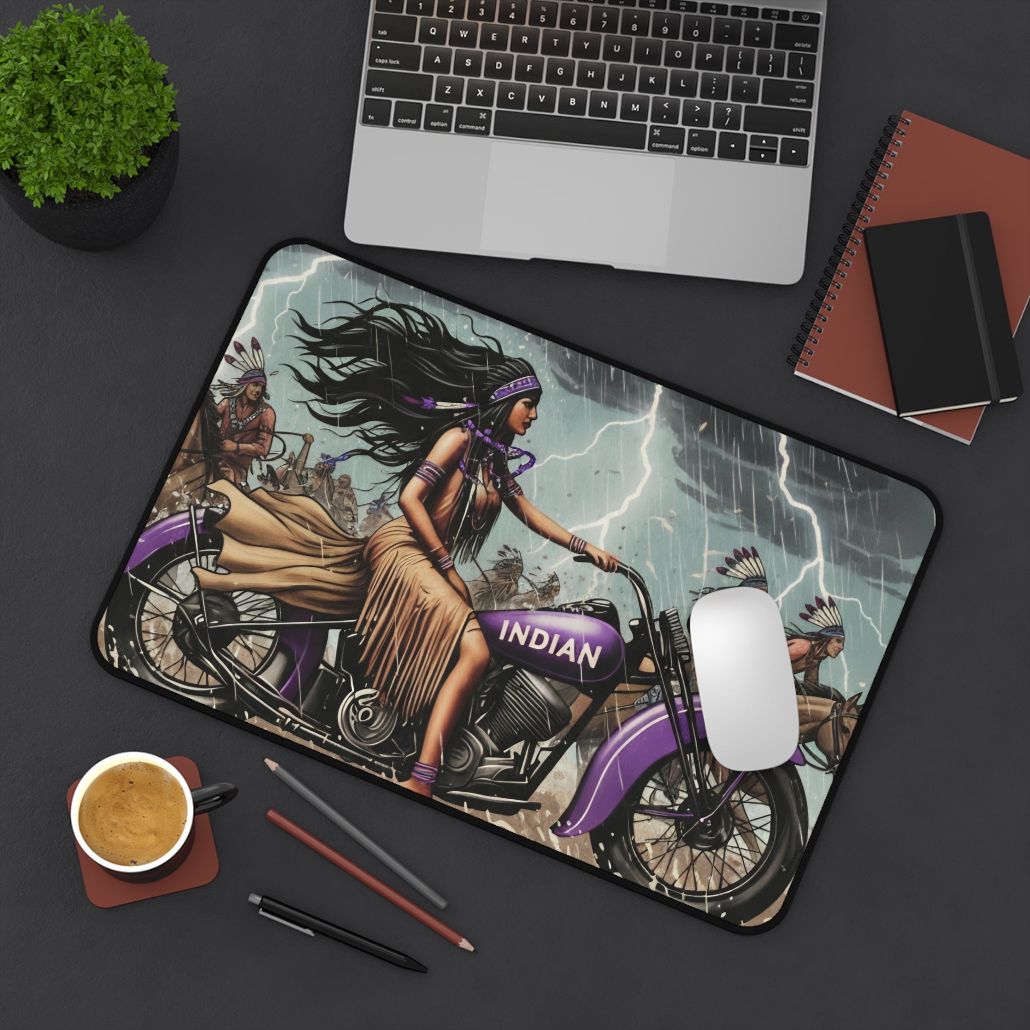 Indian Motorcycle Native Rider Desk Mat — Vintage Biker Art Mouse Pad