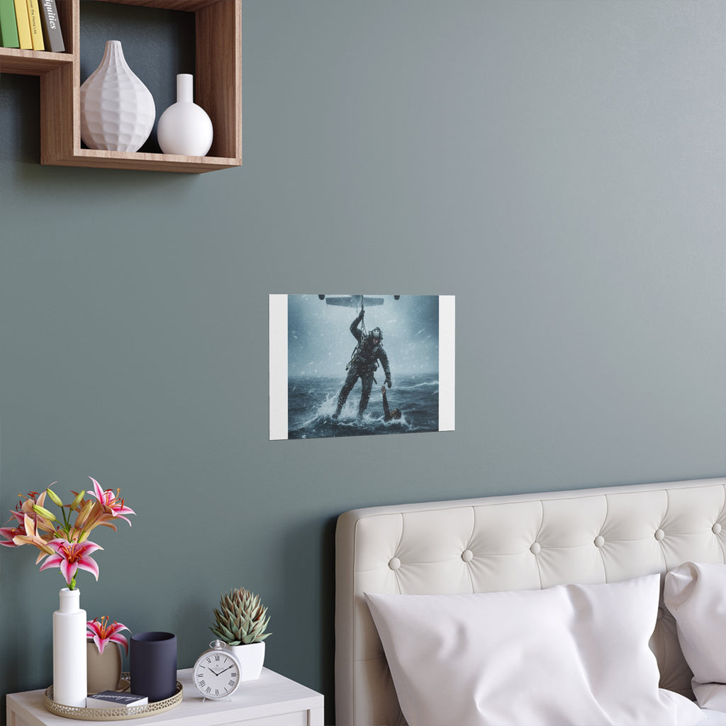 Rescue Diver Silk Poster – Dramatic Sea & Helicopter Wall Art (Indoor/Outdoor)