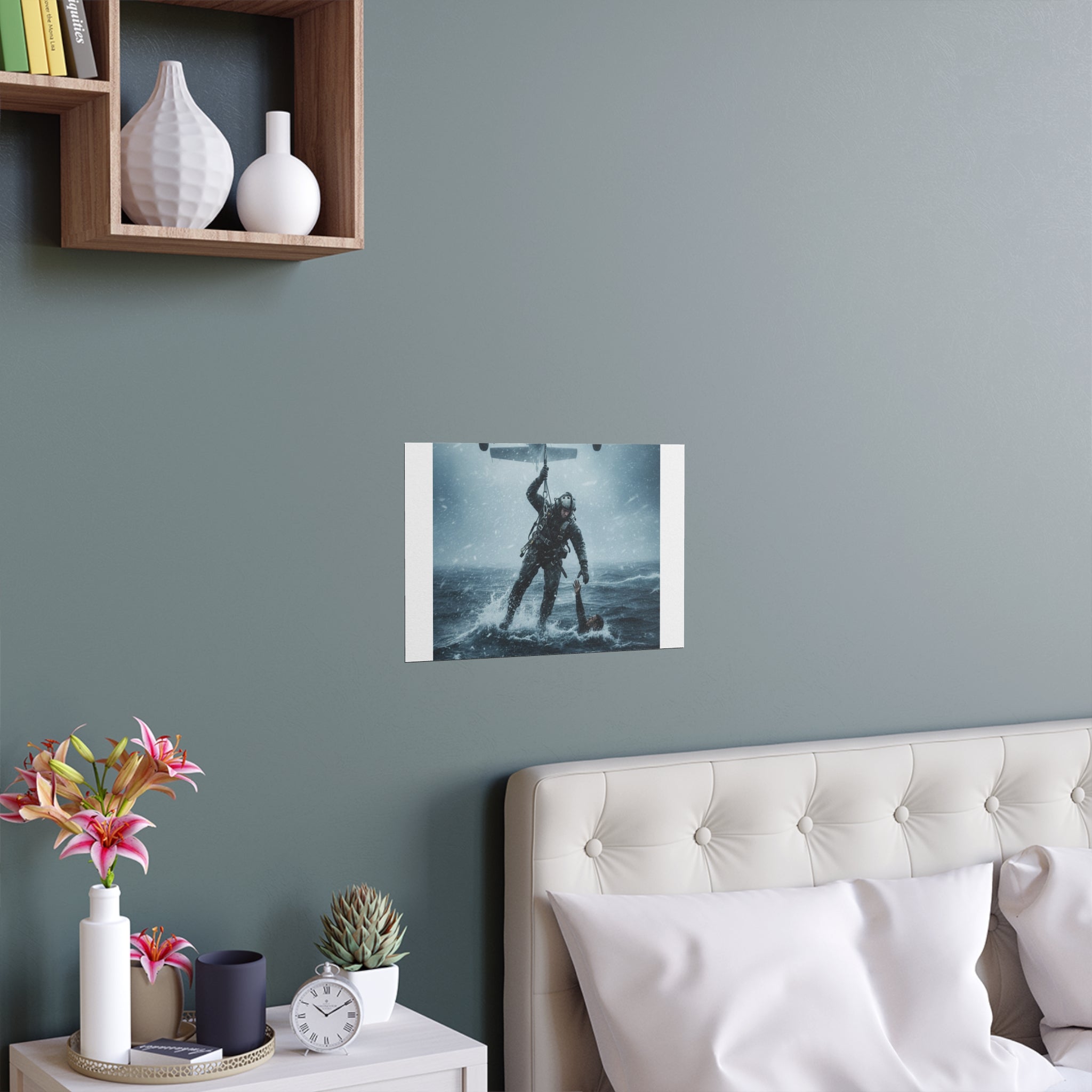 Rescue Diver Silk Poster – Dramatic Sea & Helicopter Wall Art (Indoor/Outdoor)