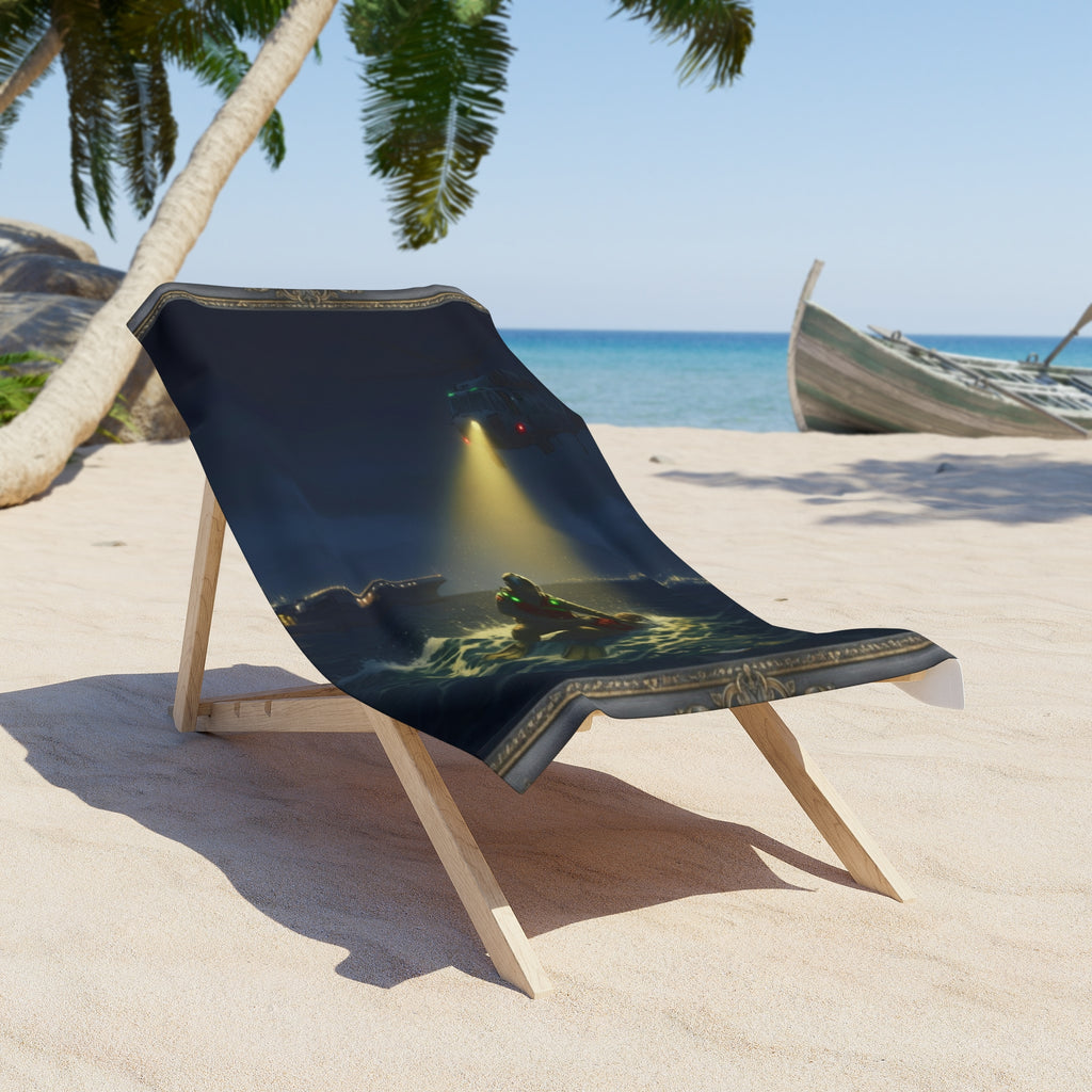 Rescue Diver Beach Towel — Night Sea Search & Lifeguard Spotlight Design