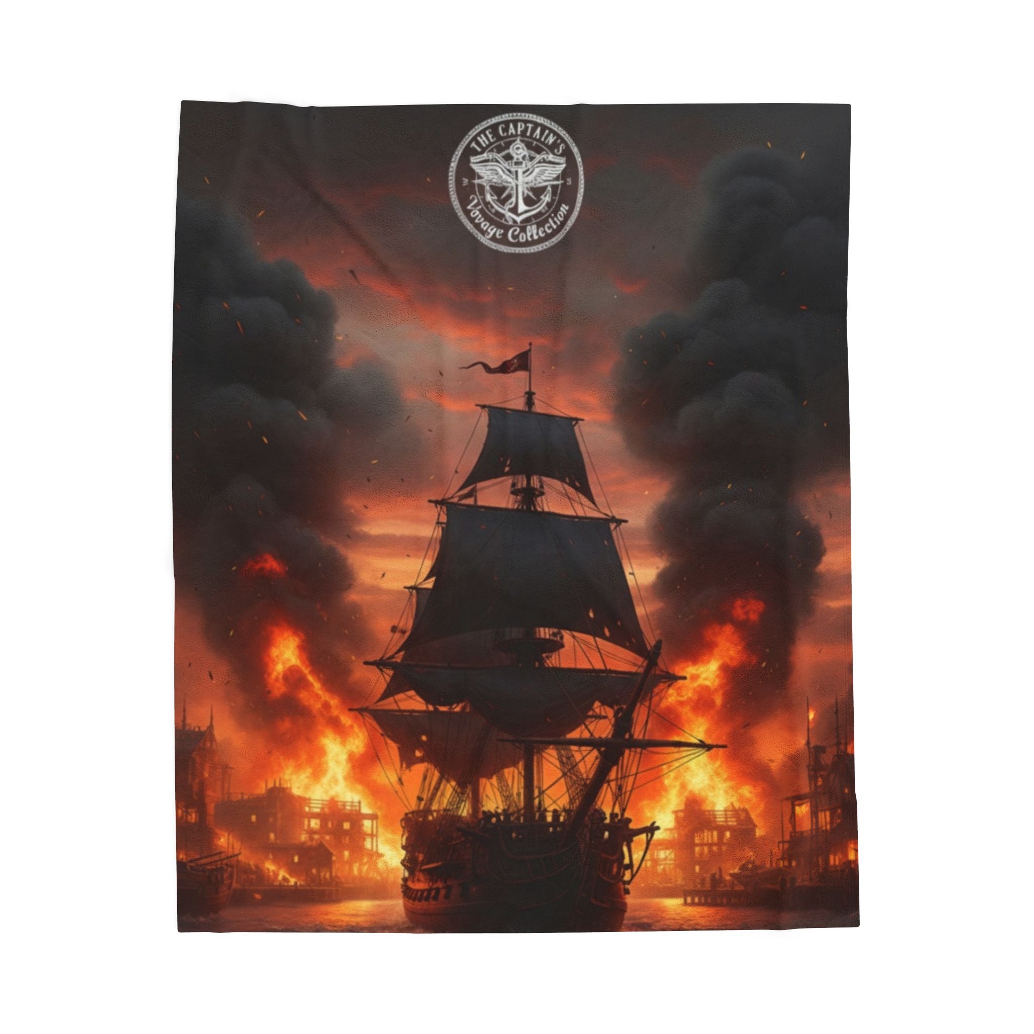 Pirate Ship on Fire Velveteen Plush Blanket — Dramatic Nautical Throw for Cozy Nights