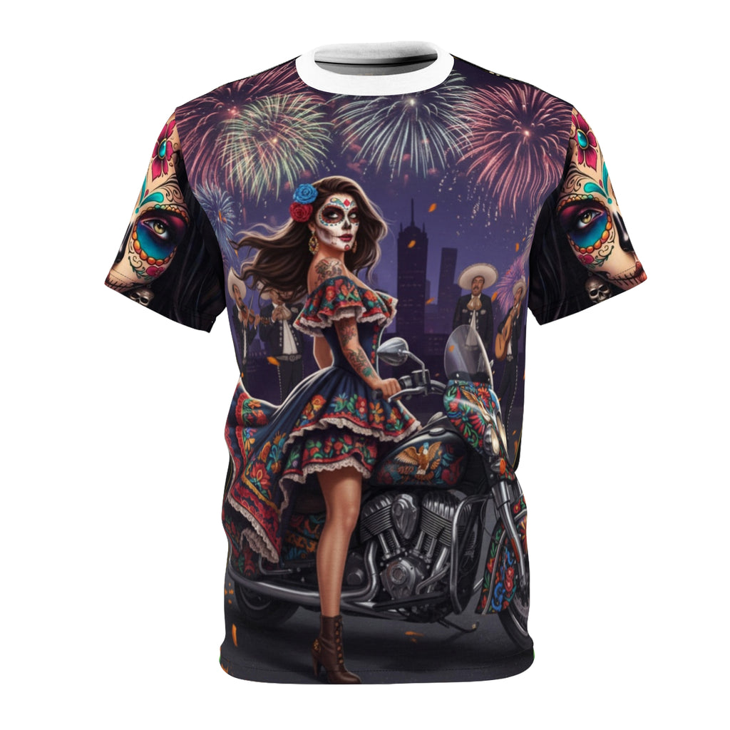Day of the Dead Motorcycle Tee — Día de los Muertos Sugar Skull Rider Shirt