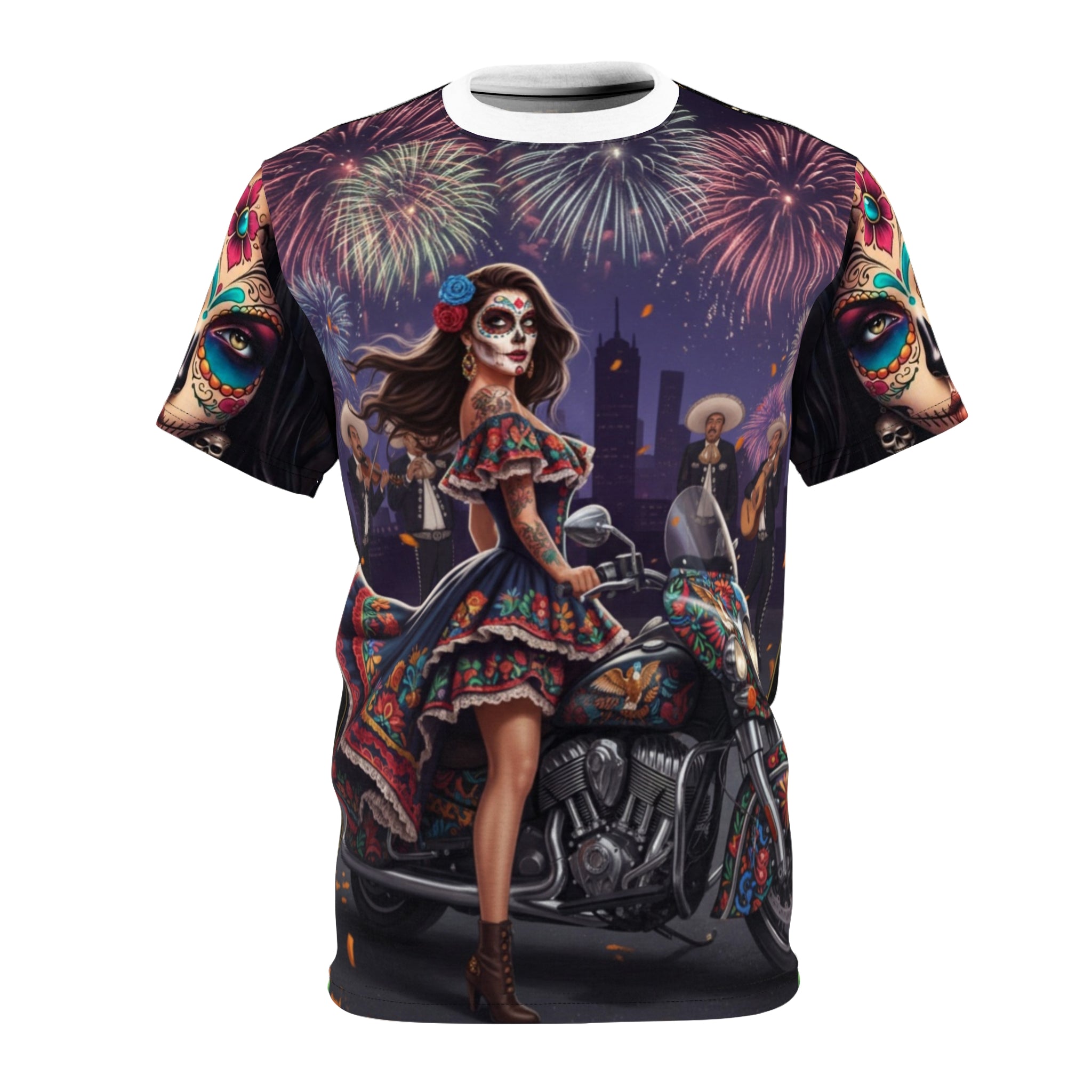 Day of the Dead Motorcycle Tee — Día de los Muertos Sugar Skull Rider Shirt