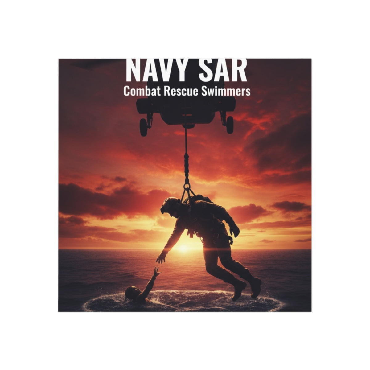 Navy SAR Combat Rescue Swimmers Square Magnet – Search & Rescue Helicopter Sunset Design