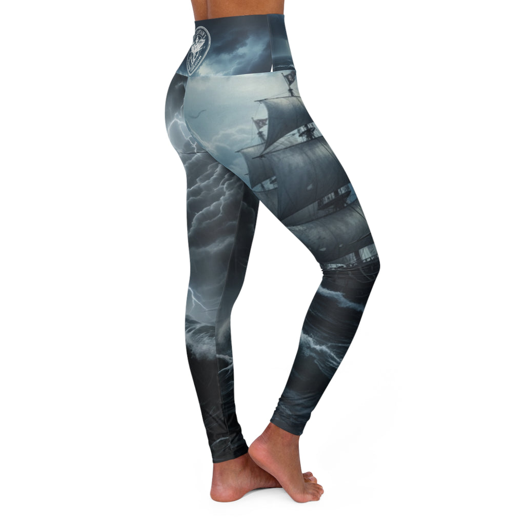 Stormy Seas High-Waist Yoga Leggings — Nautical Ship & Clouds Print
