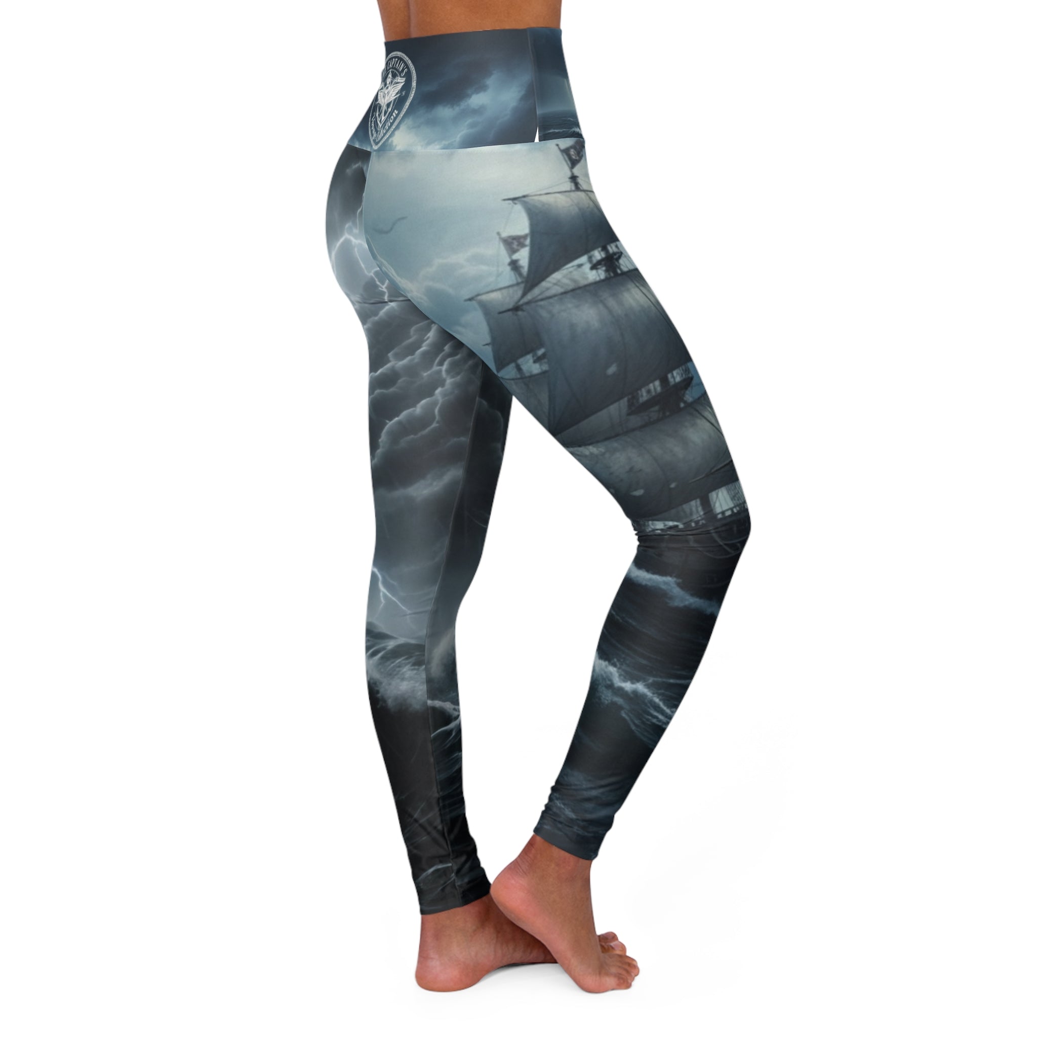 Stormy Seas High-Waist Yoga Leggings — Nautical Ship & Clouds Print