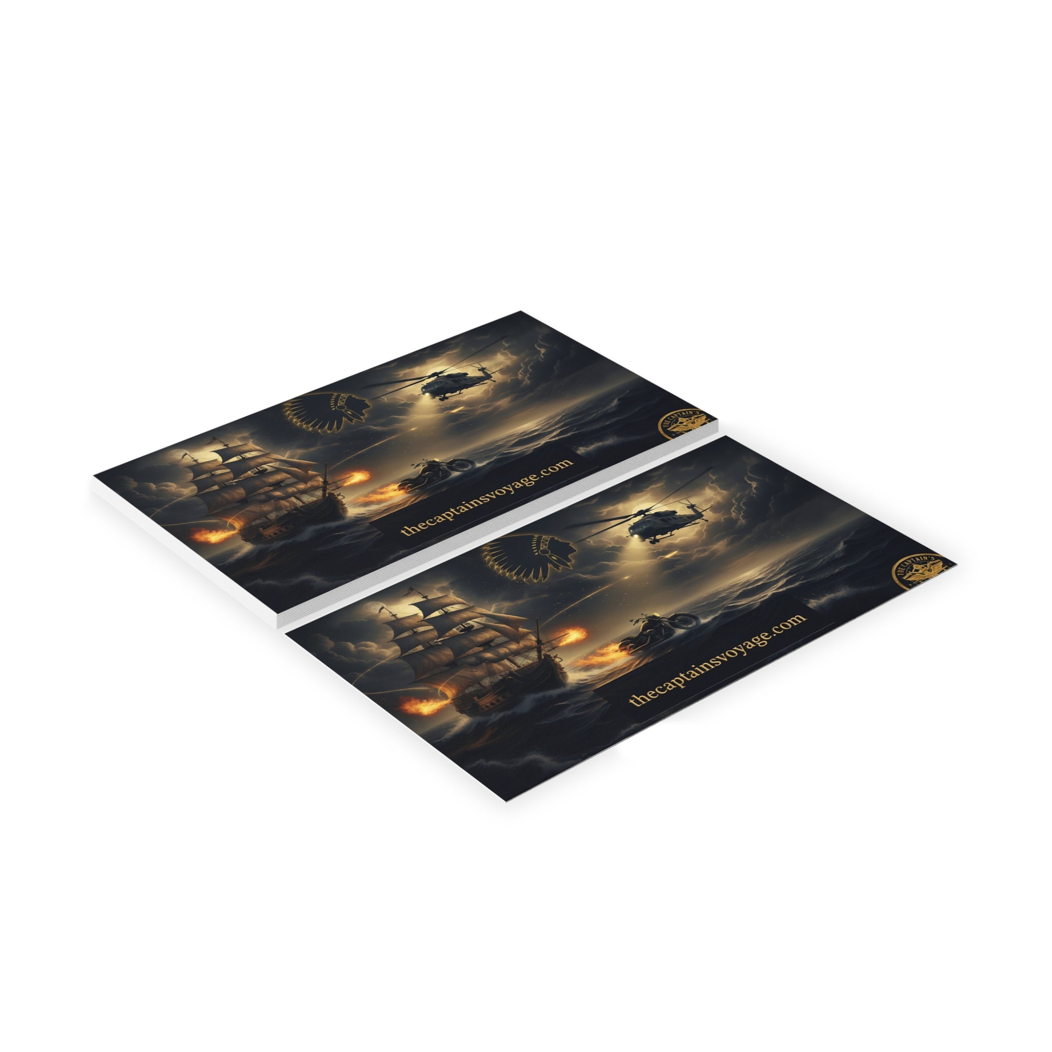 Business Cards — Nautical Adventure Scene with Ship, Helicopter & Motorcycle (thecaptainsvoyage.com)