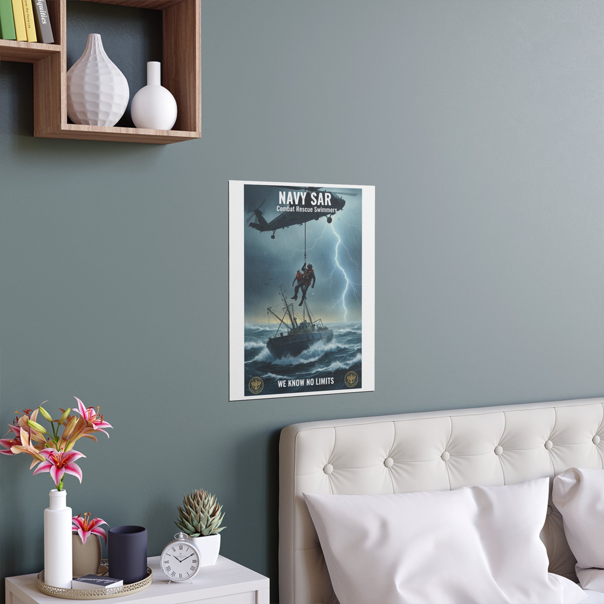 Rescue at Sea Silk Poster — Storm Helicopter Lifesaver Wall Art (Indoor/Outdoor)