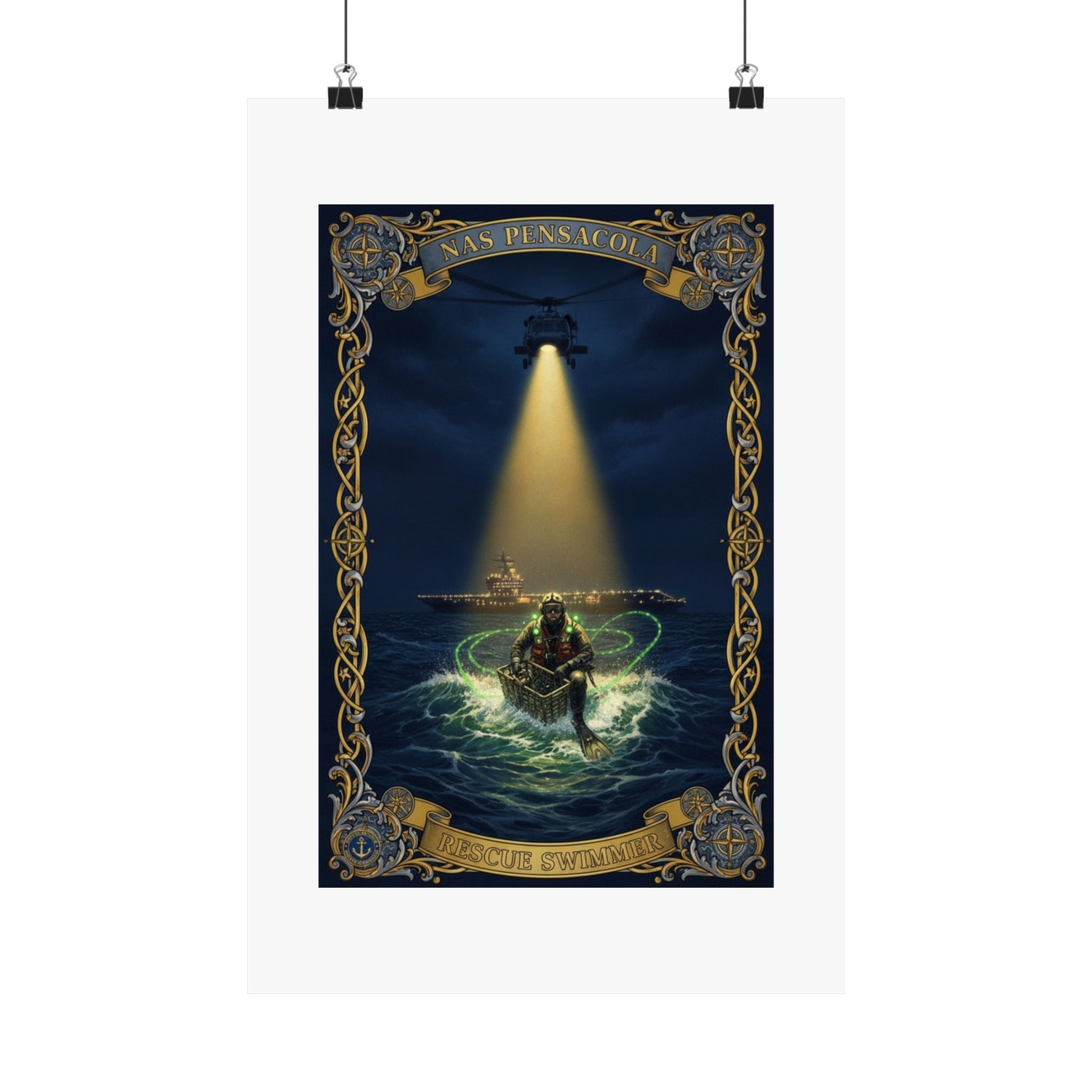 Nautical Rescue Matte Poster — Lighthouse Search & Shipwreck Scene