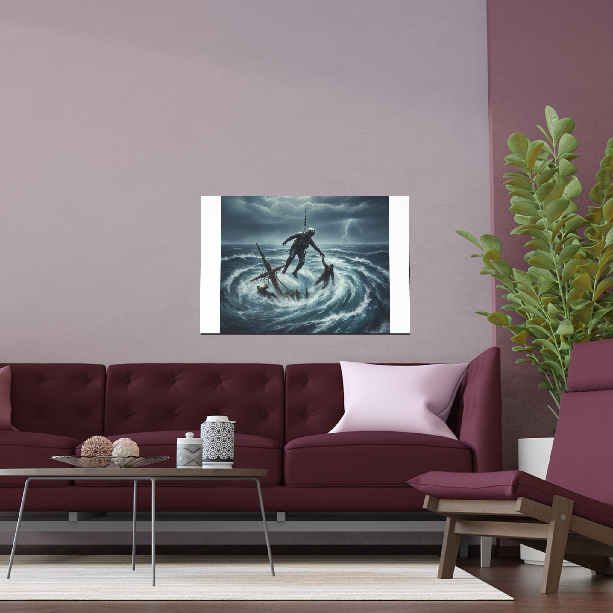Stormy Sea Silk Poster — Dramatic Sailor Rescue Wall Art (Indoor/Outdoor)