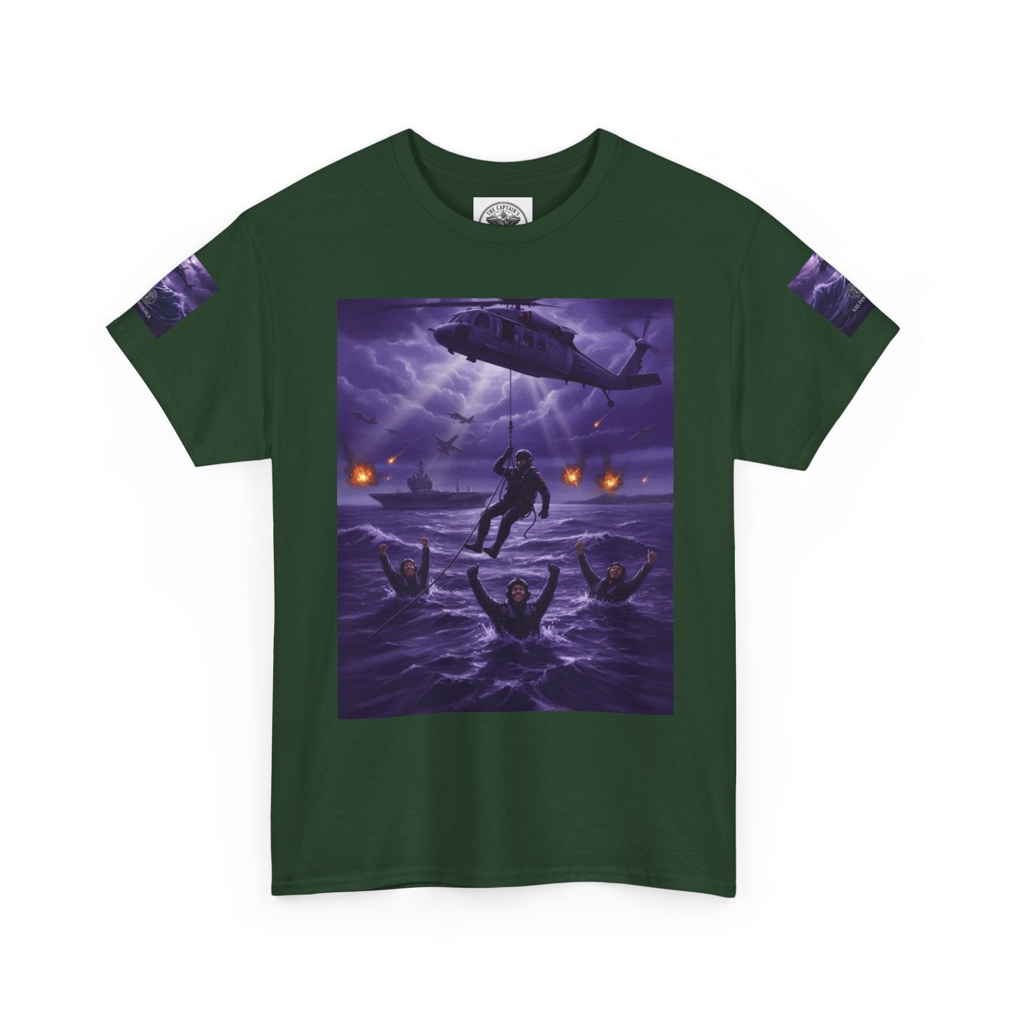 Rescue Night Tee — Purple Helicopter Sea Rescue Graphic T-Shirt