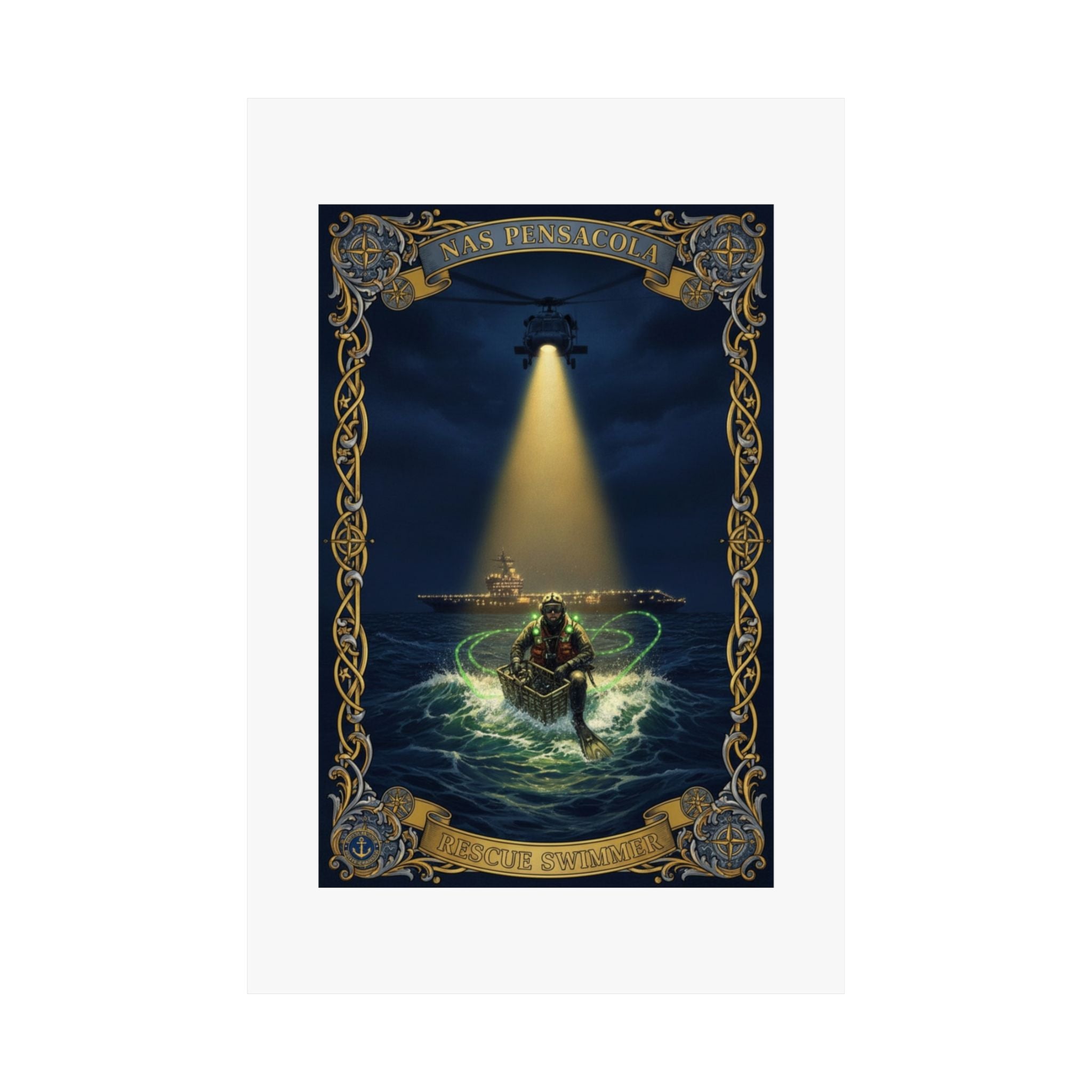 Nautical Rescue Matte Poster — Lighthouse Search & Shipwreck Scene