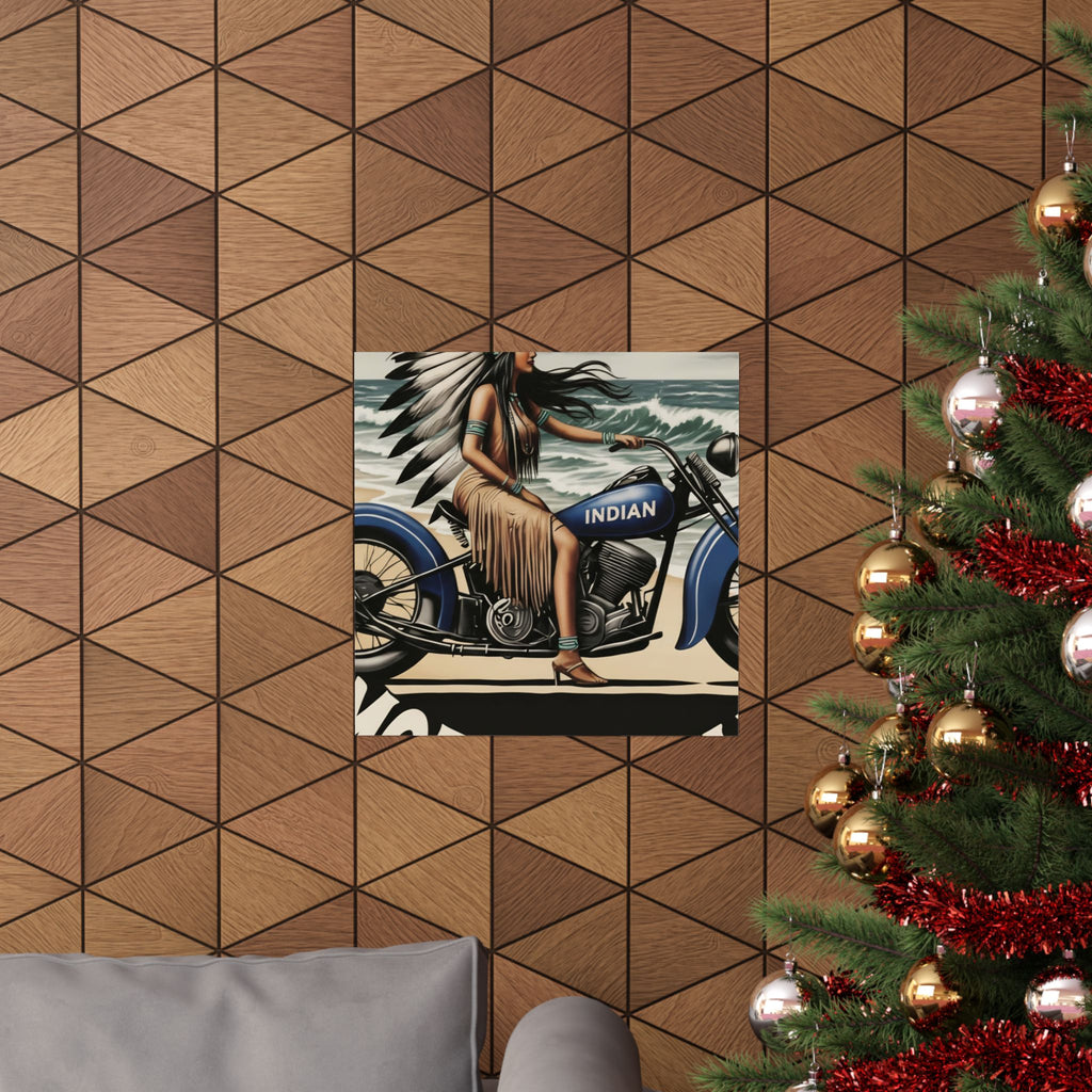 Vintage Motorcycle Poster — Native American Woman on Bike Matte Vertical Print