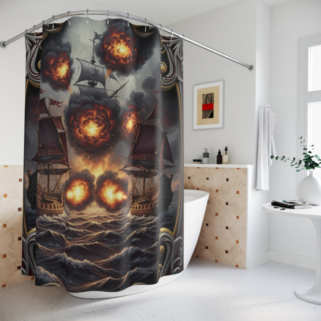 Pirate Ship Battle Shower Curtain — Exploding Cannonball Nautical Bathroom Decor