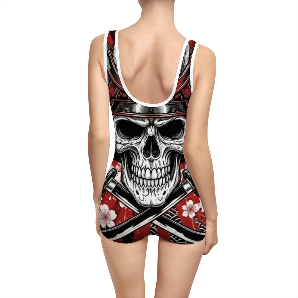 Skull Samurai One-Piece Swimsuit – Vintage Red Floral AOP