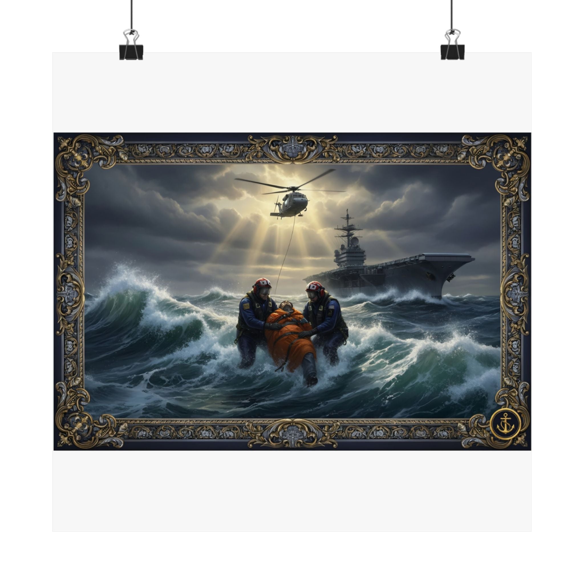 Rescue at Sea Matte Vertical Poster — Dramatic Navy Helicopter & Ship Storm Print